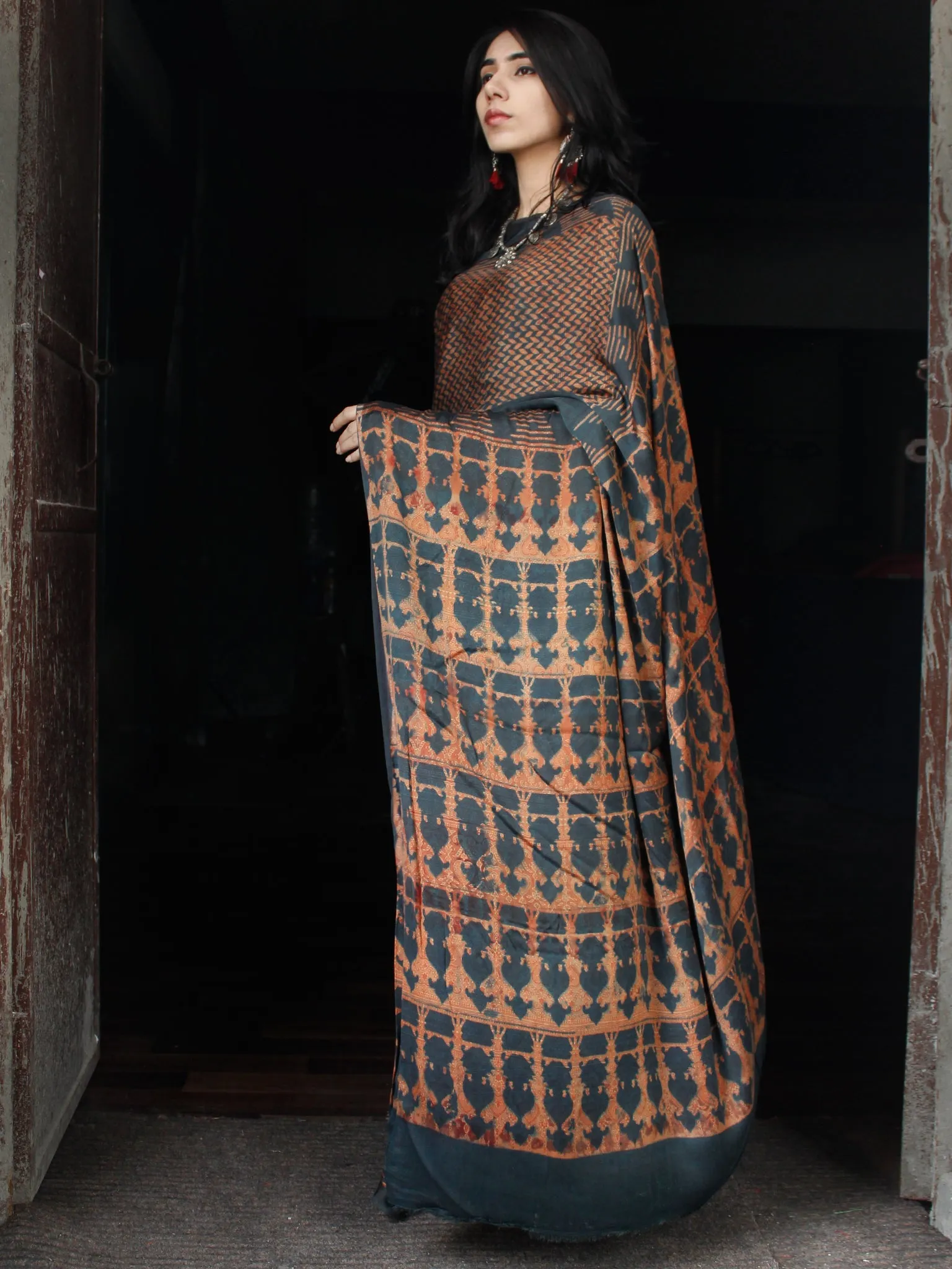 Lead Black Rust Ajrakh Hand Block Printed Modal Silk Saree in Natural Colors - S031703512