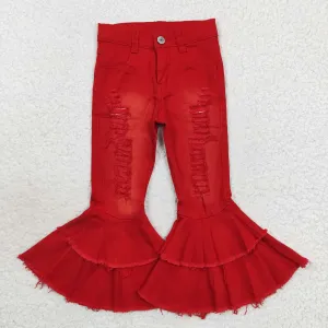 Little Girl Red Distressed Bell Jeans