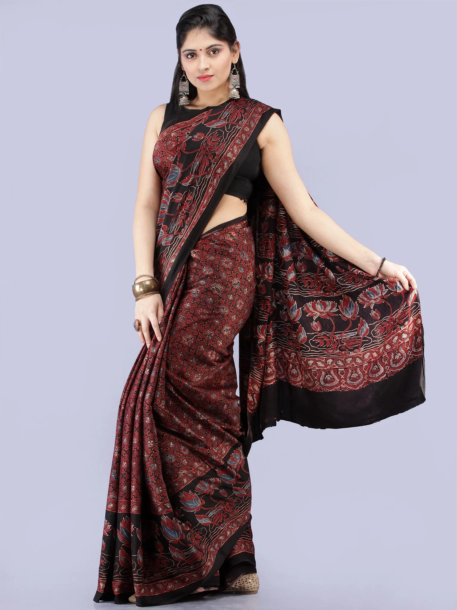 Maroon Black Blue Ajrakh Hand Block Printed Modal Silk Saree - S031704258