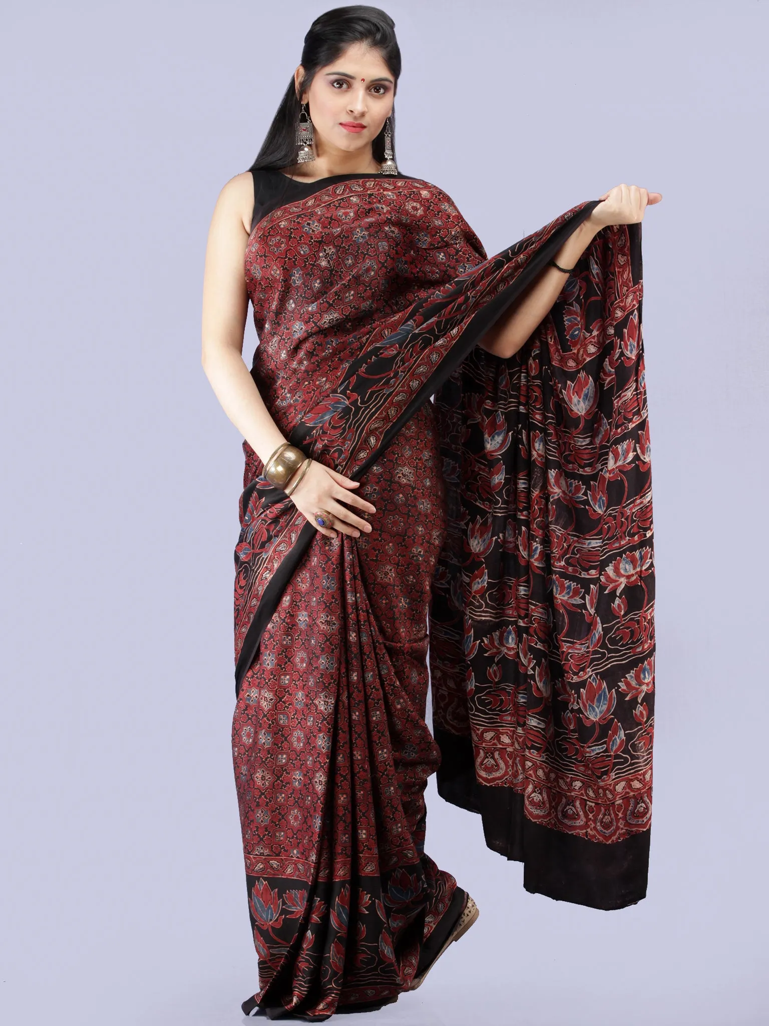 Maroon Black Blue Ajrakh Hand Block Printed Modal Silk Saree - S031704258