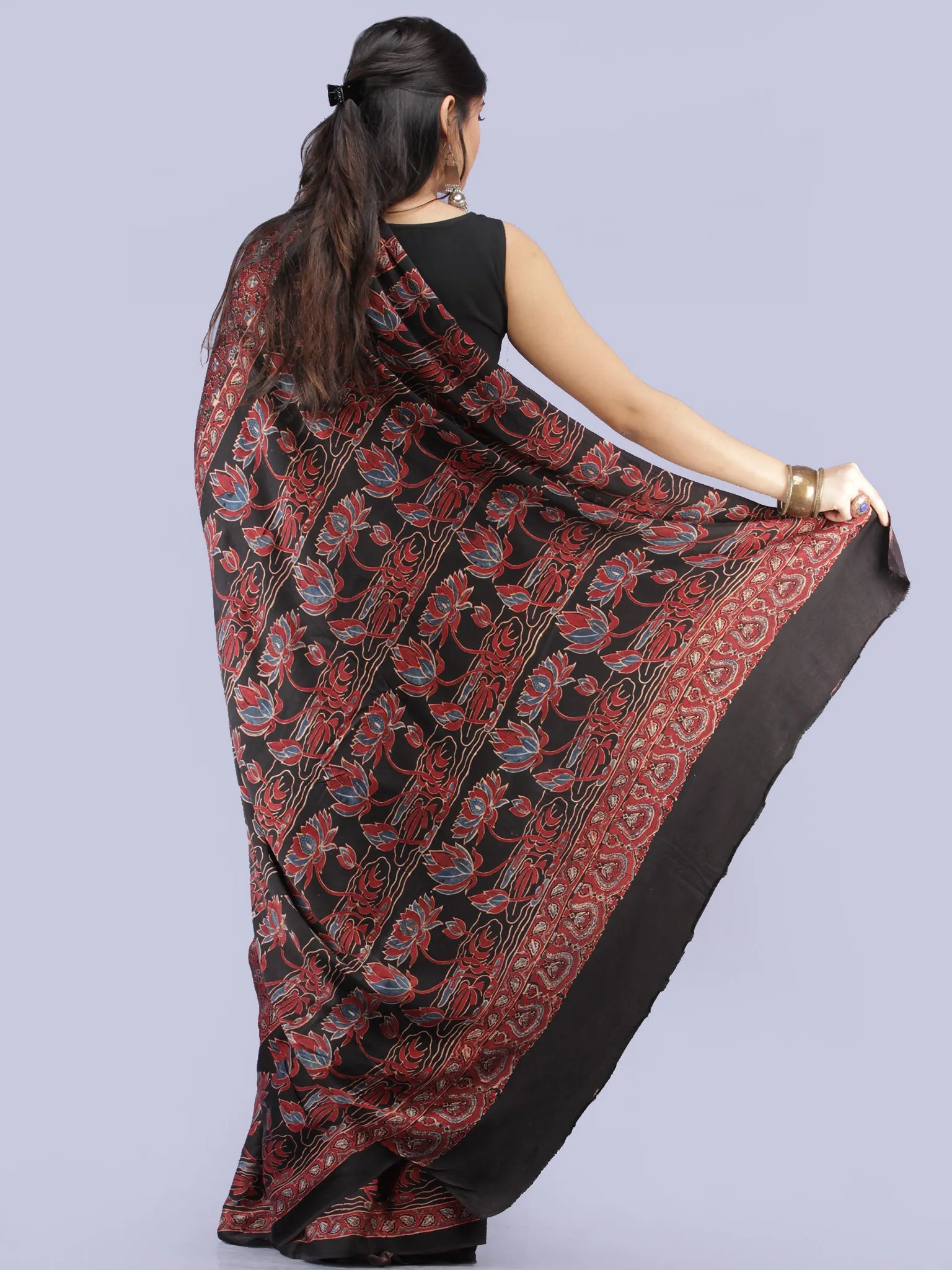 Maroon Black Blue Ajrakh Hand Block Printed Modal Silk Saree - S031704258