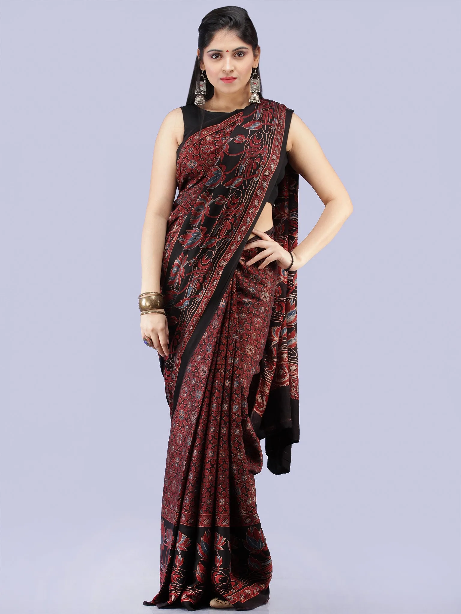 Maroon Black Blue Ajrakh Hand Block Printed Modal Silk Saree - S031704258