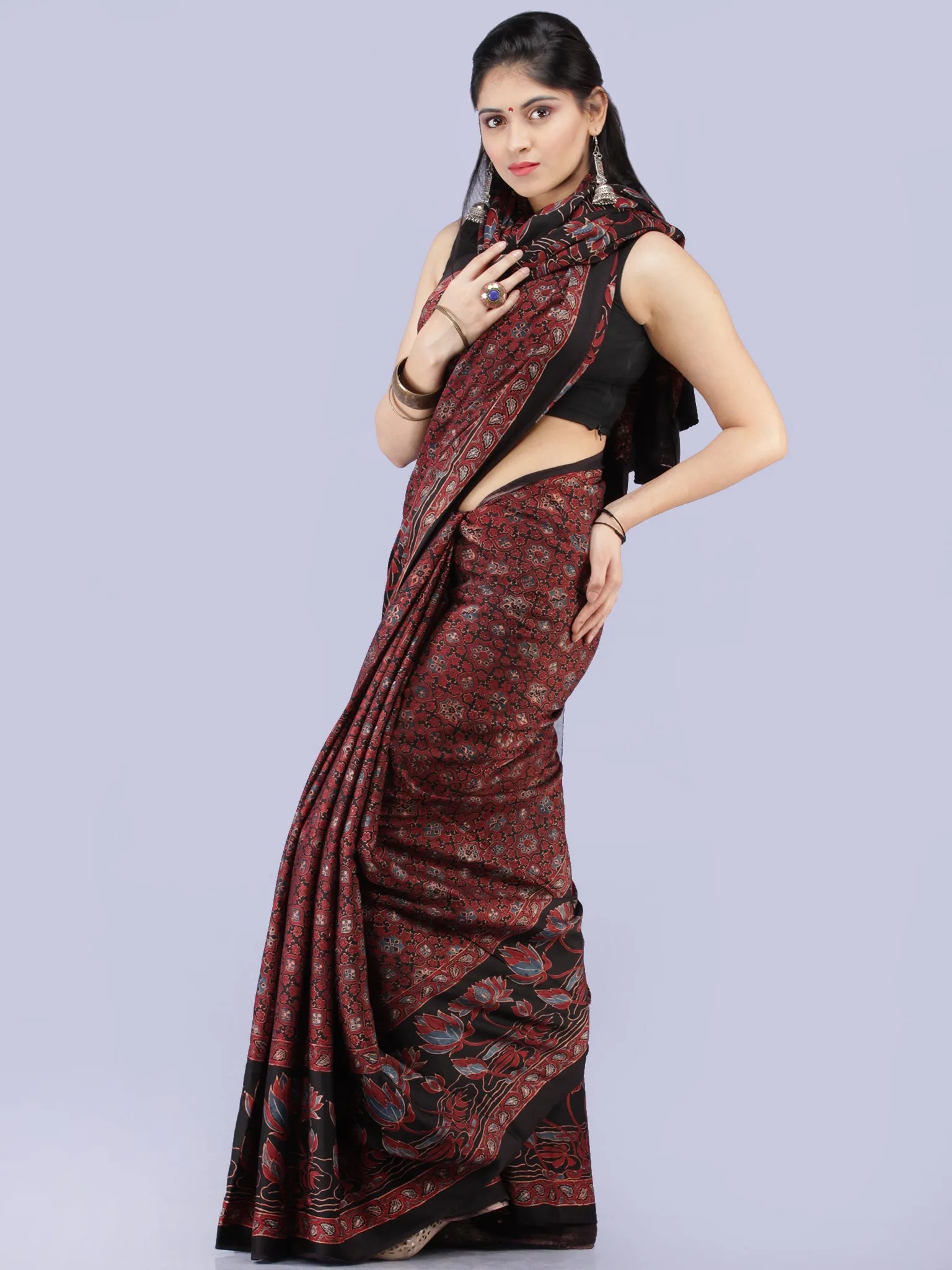 Maroon Black Blue Ajrakh Hand Block Printed Modal Silk Saree - S031704258