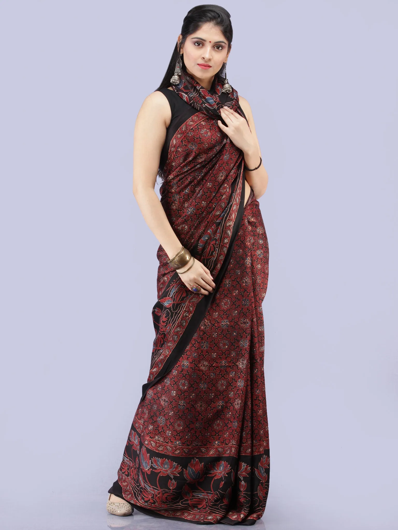 Maroon Black Blue Ajrakh Hand Block Printed Modal Silk Saree - S031704258