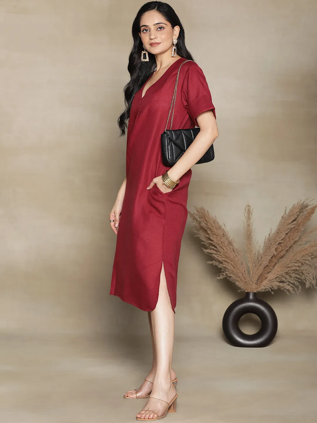 Maroon CottonSlub PleatedDress