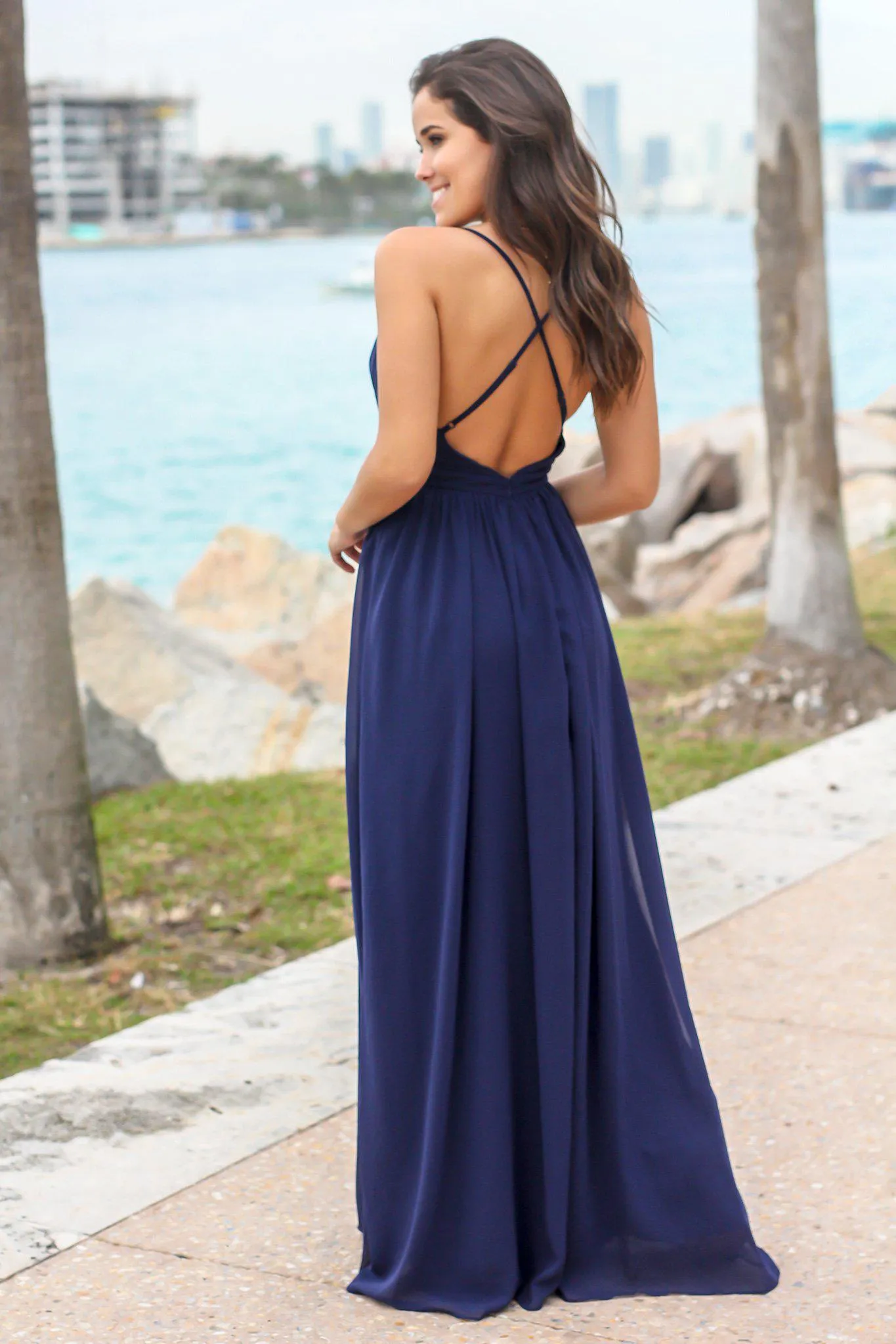 Navy Maxi Dress with Criss Cross Back and Pleated Top