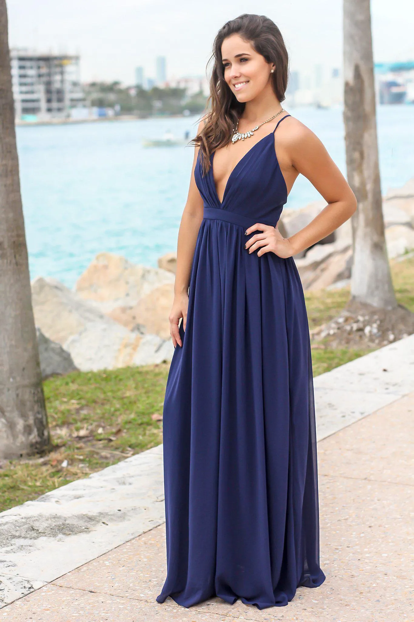 Navy Maxi Dress with Criss Cross Back and Pleated Top