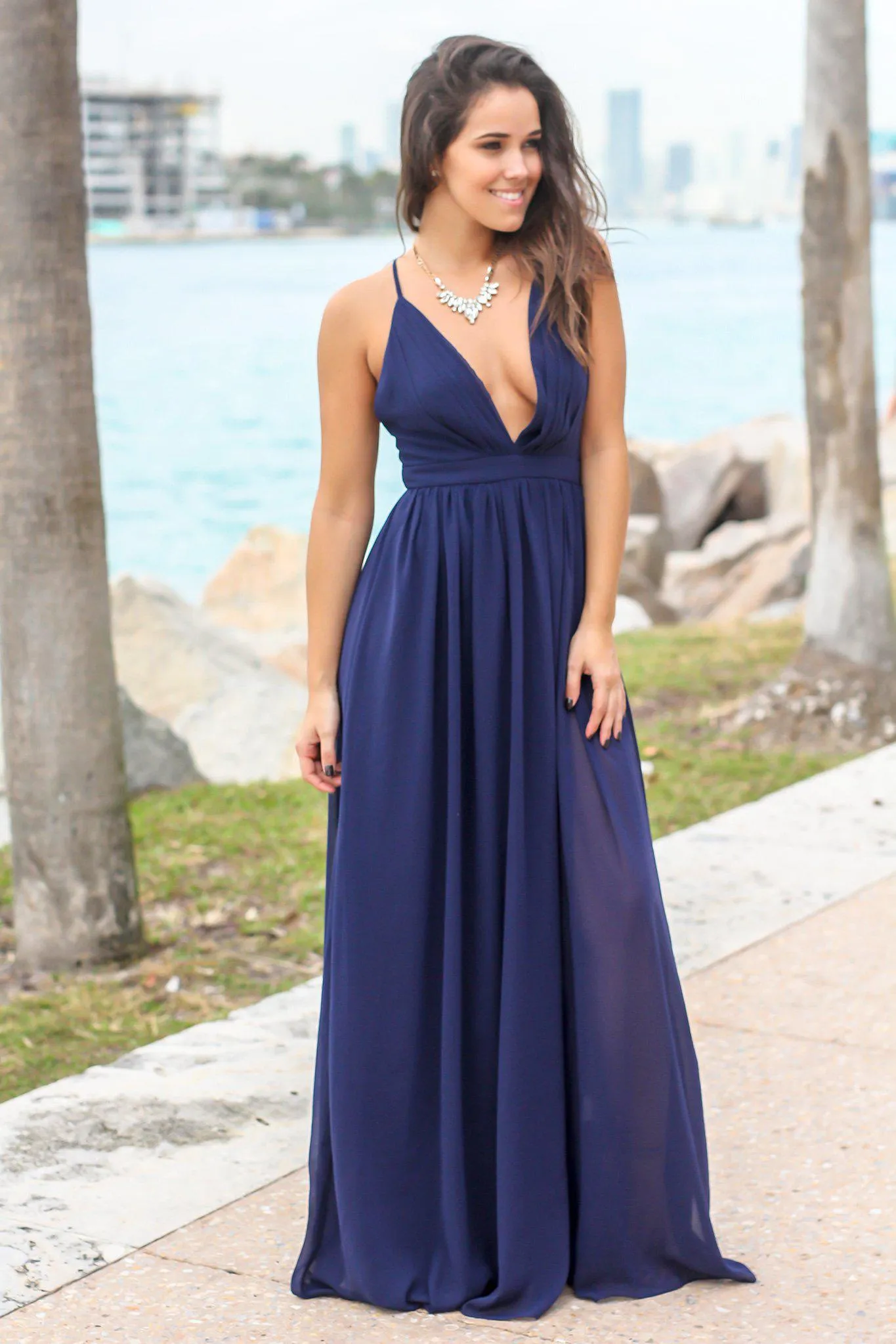 Navy Maxi Dress with Criss Cross Back and Pleated Top