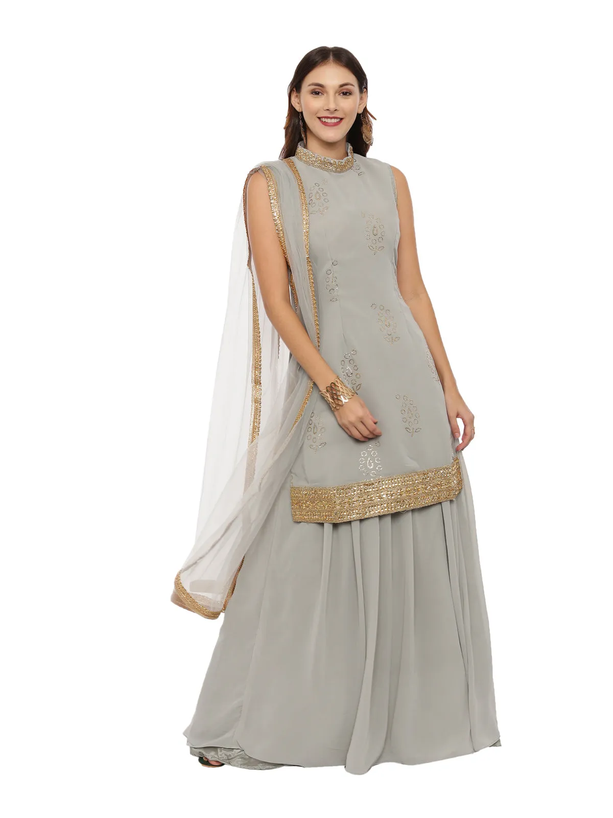 Neeru's Gray Color Georgette Fabric Sleeveless Suit-Skirts