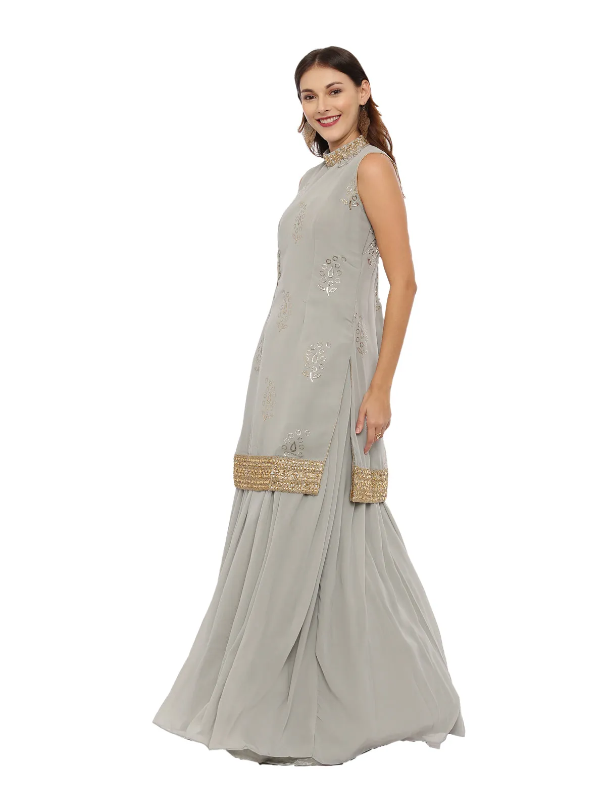 Neeru's Gray Color Georgette Fabric Sleeveless Suit-Skirts