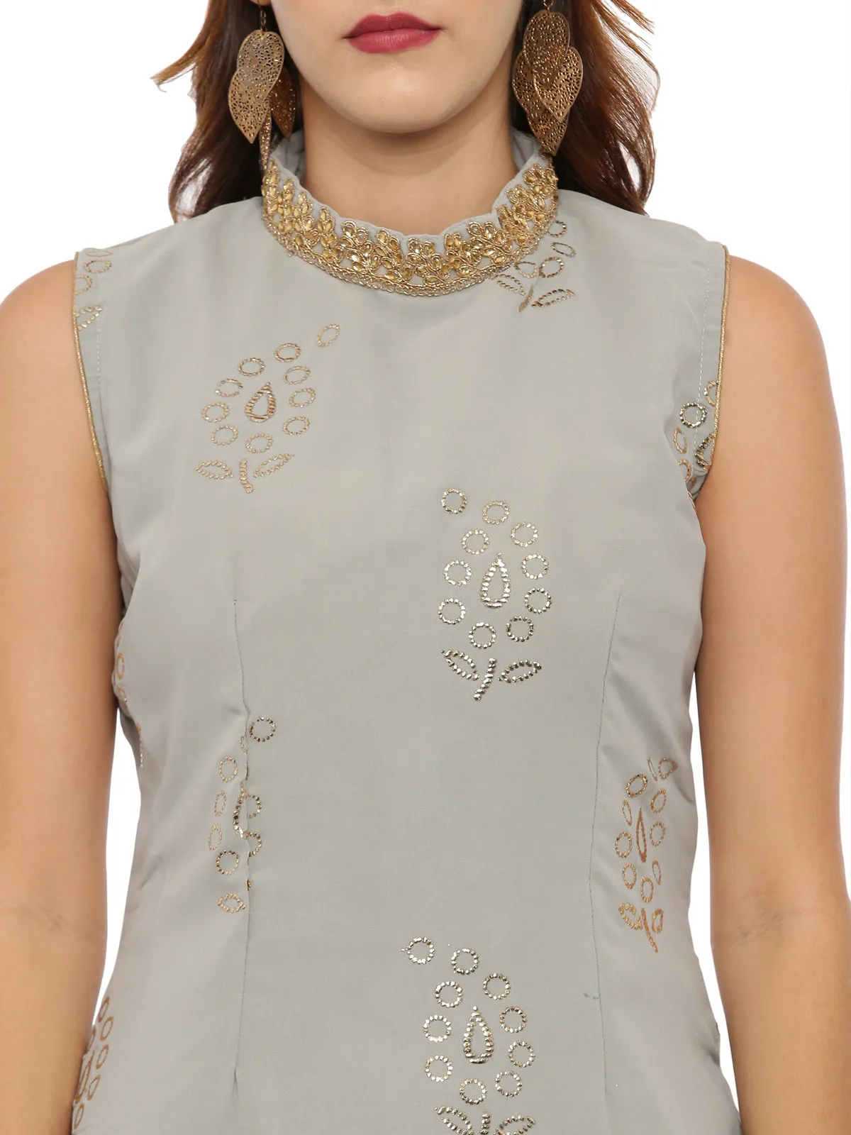 Neeru's Gray Color Georgette Fabric Sleeveless Suit-Skirts