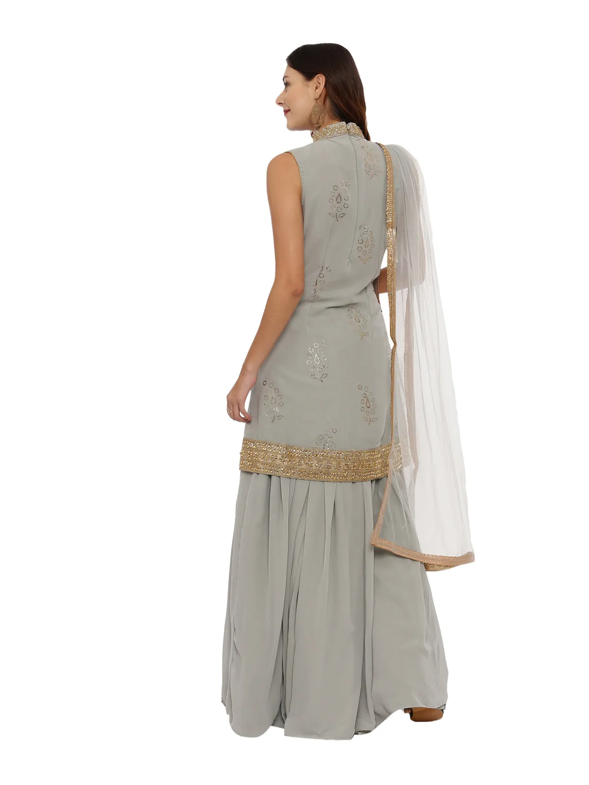 Neeru's Gray Color Georgette Fabric Sleeveless Suit-Skirts