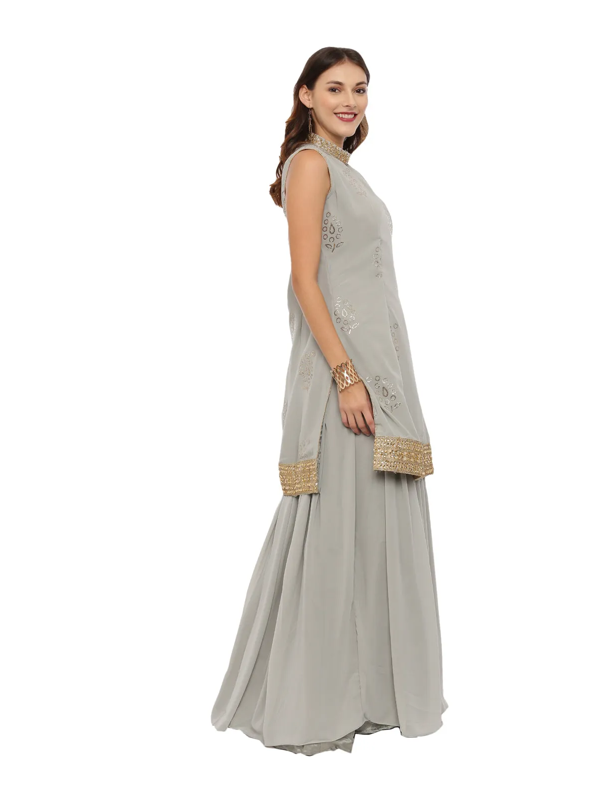 Neeru's Gray Color Georgette Fabric Sleeveless Suit-Skirts