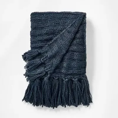 New - Raised Striped Chunky Knit Throw Blanket Navy - Threshold designed with Studio