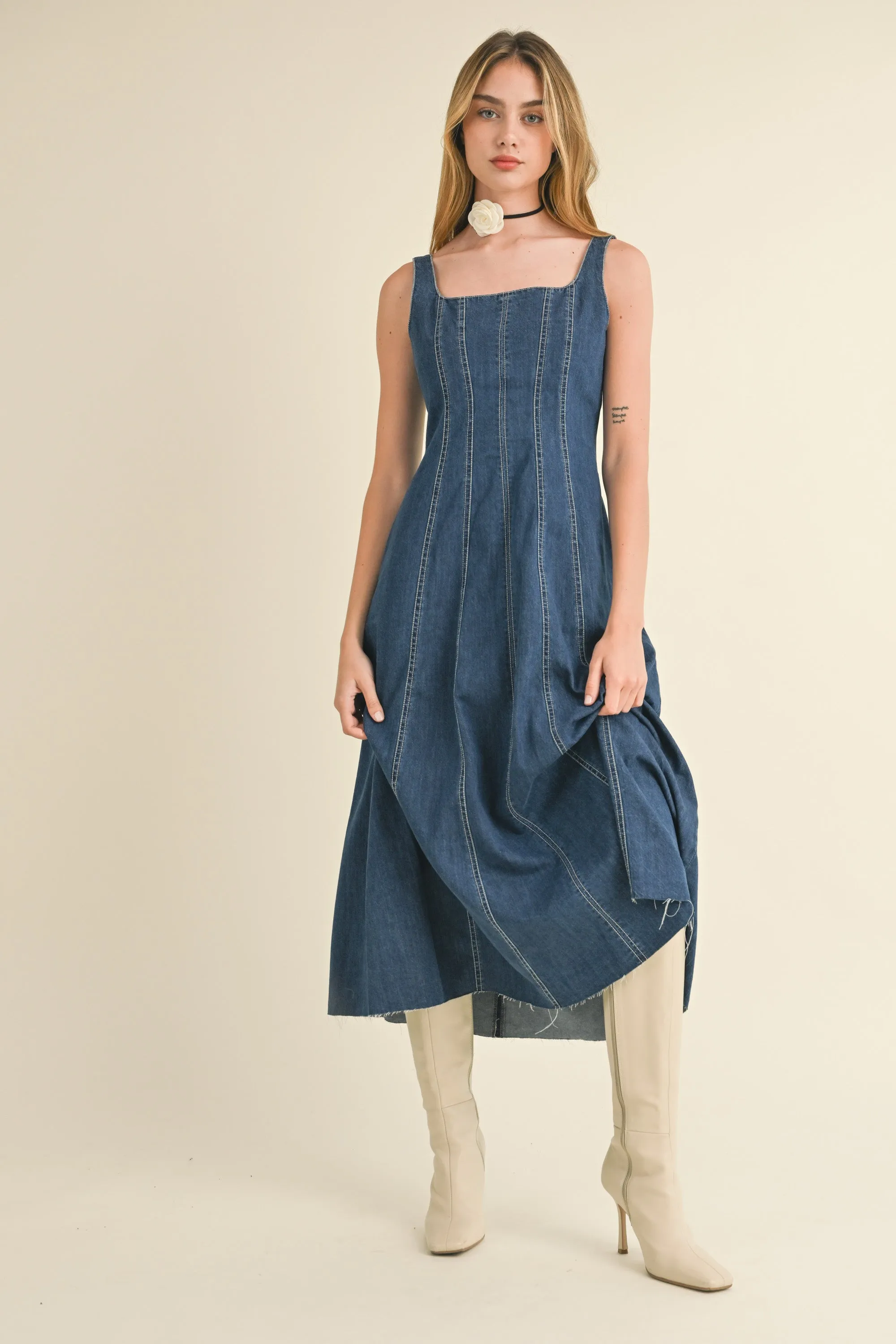 Paneled Denim Long Dress