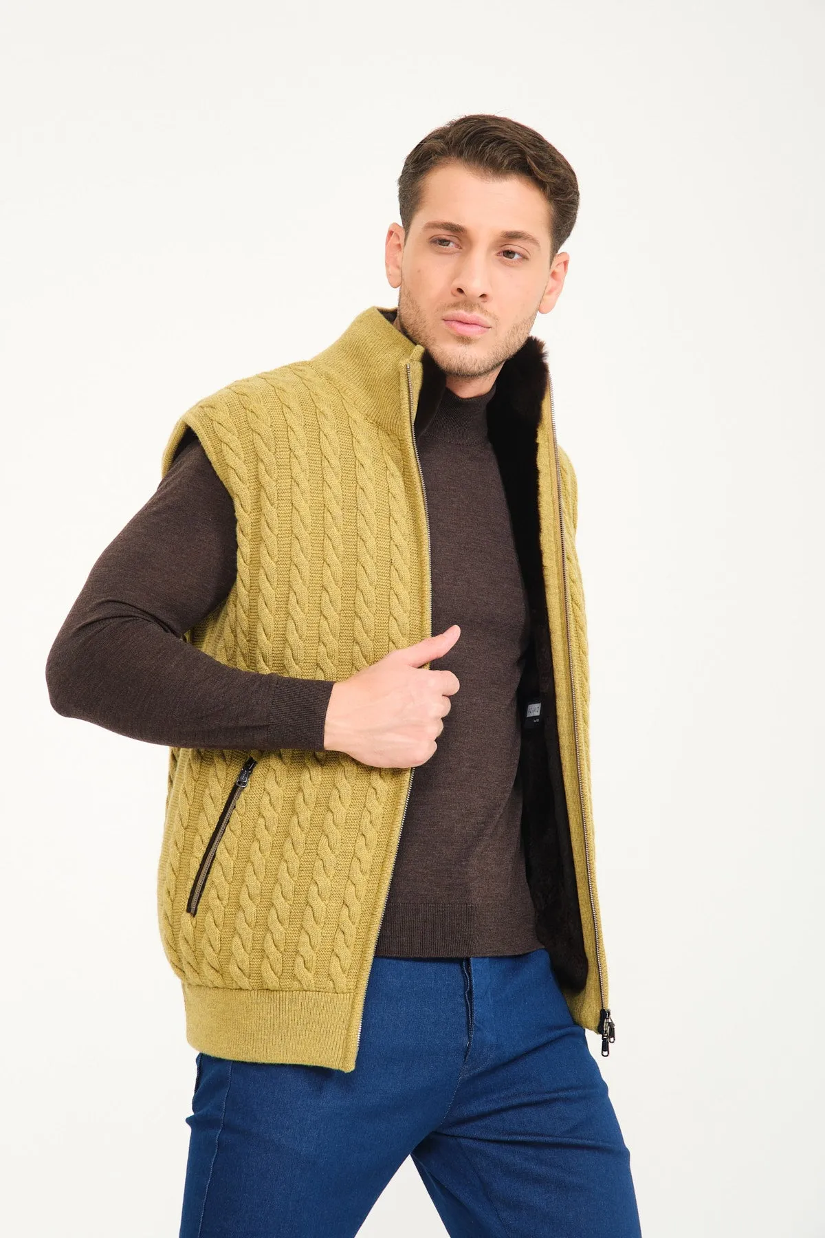 Pistachio Green Wool & Rex Fur Knit Vest