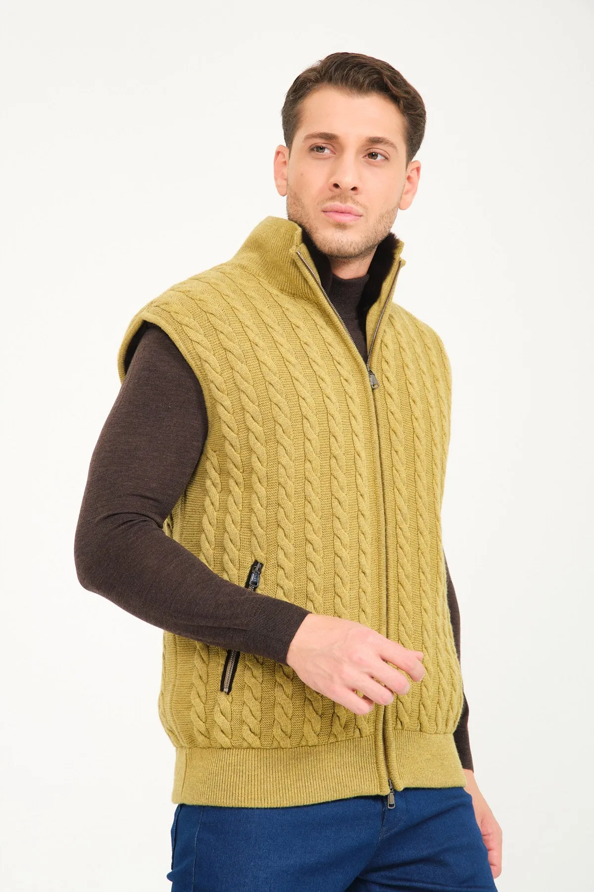 Pistachio Green Wool & Rex Fur Knit Vest