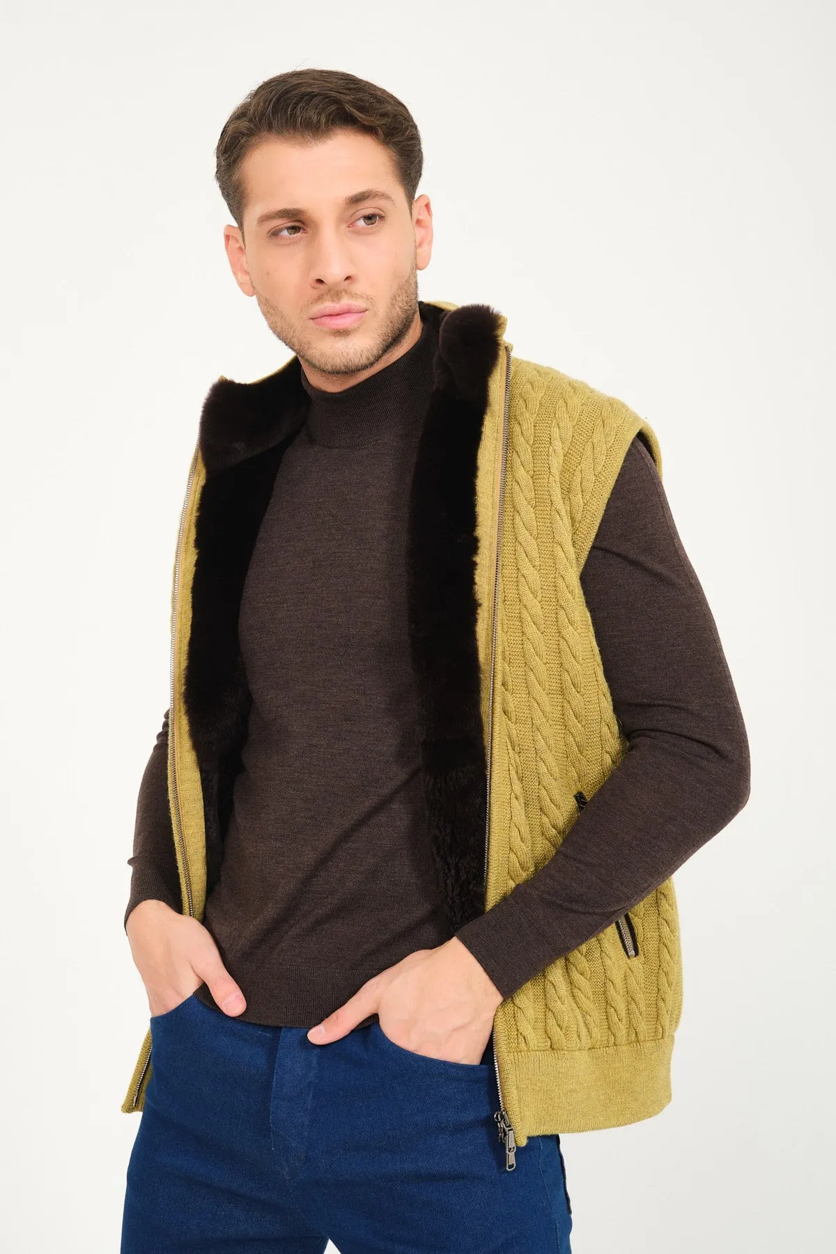 Pistachio Green Wool & Rex Fur Knit Vest