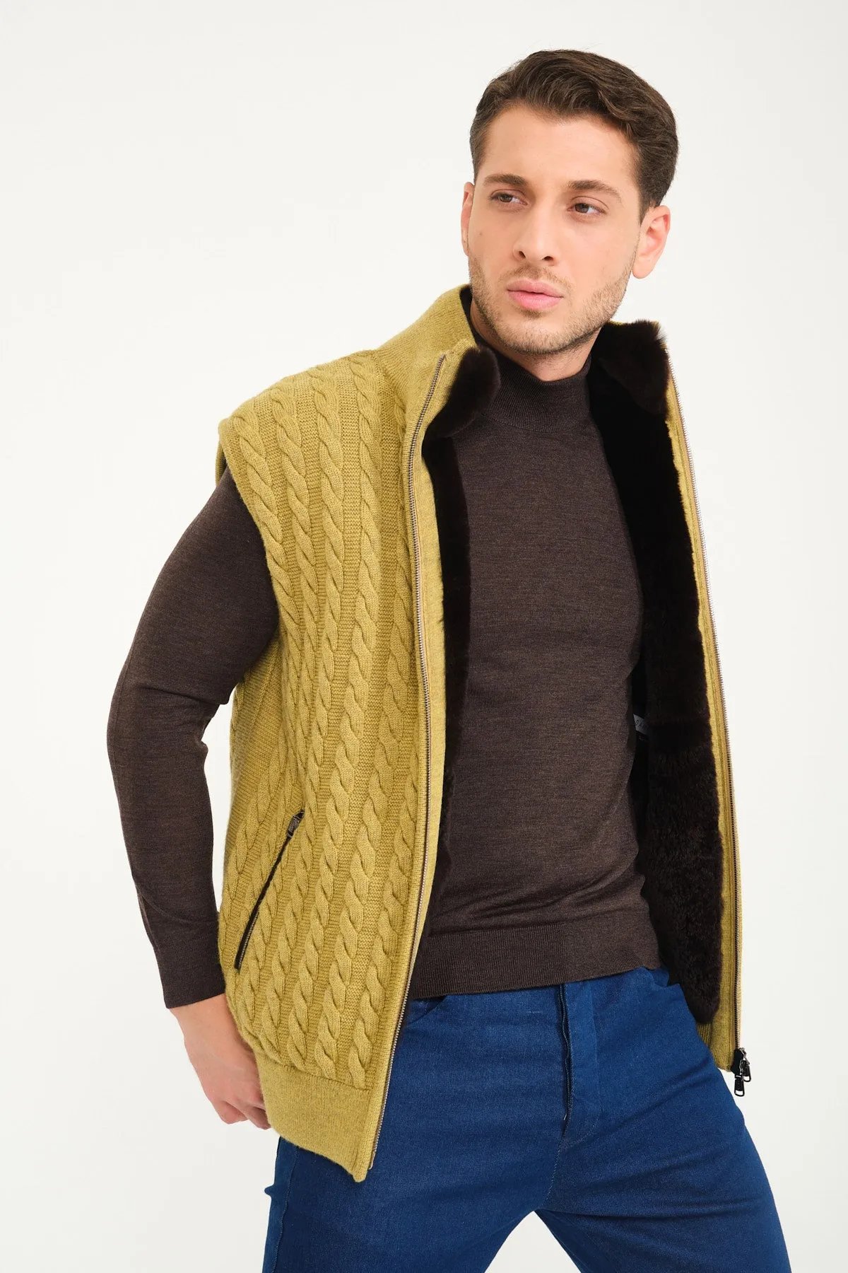 Pistachio Green Wool & Rex Fur Knit Vest