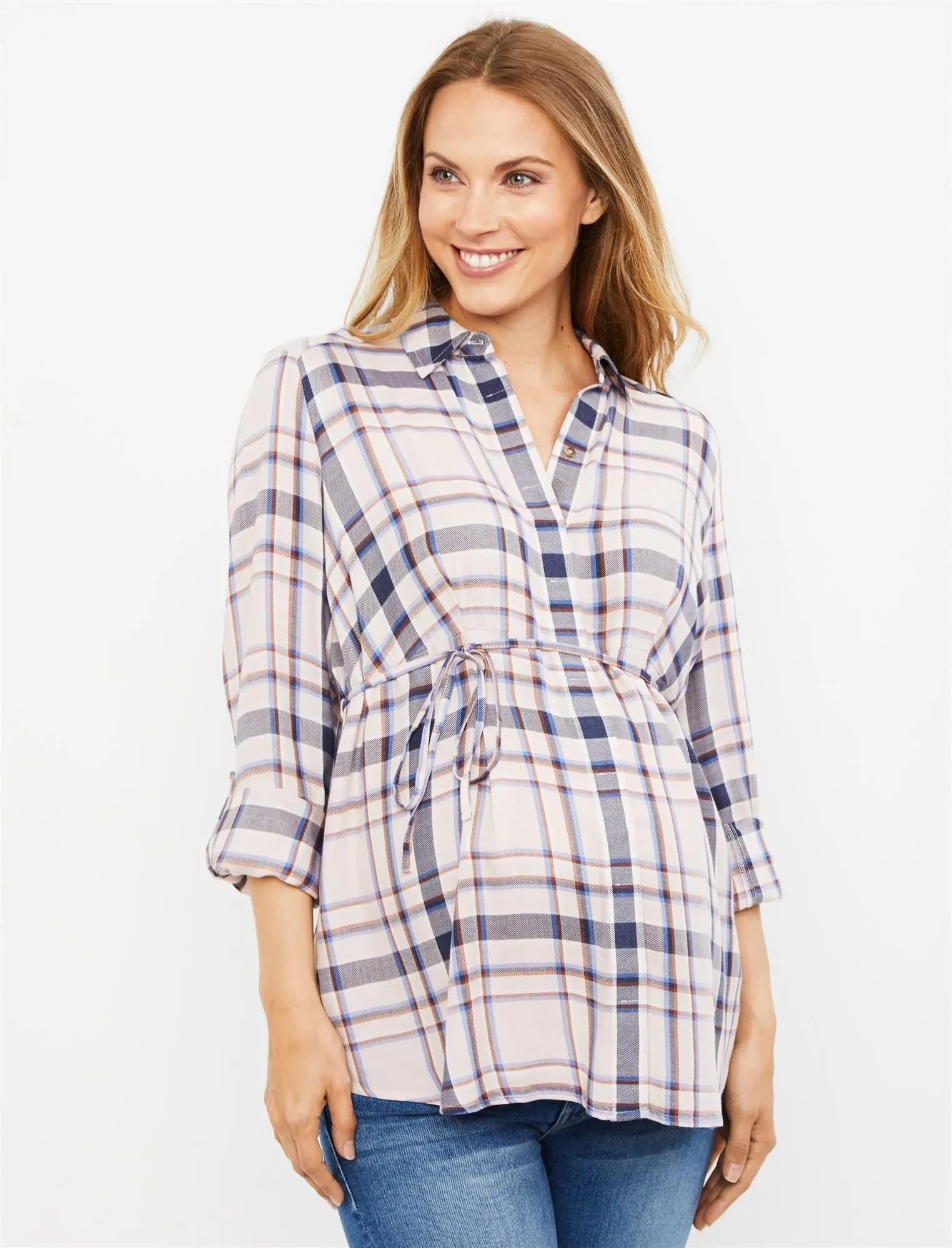 Plaid Button Front Maternity Shirt in Pink Plaid