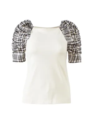 Plaid Puff Sleeve Top in Winter White