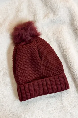 Pom Beanie in Burgundy with Faux Sherpa Lining