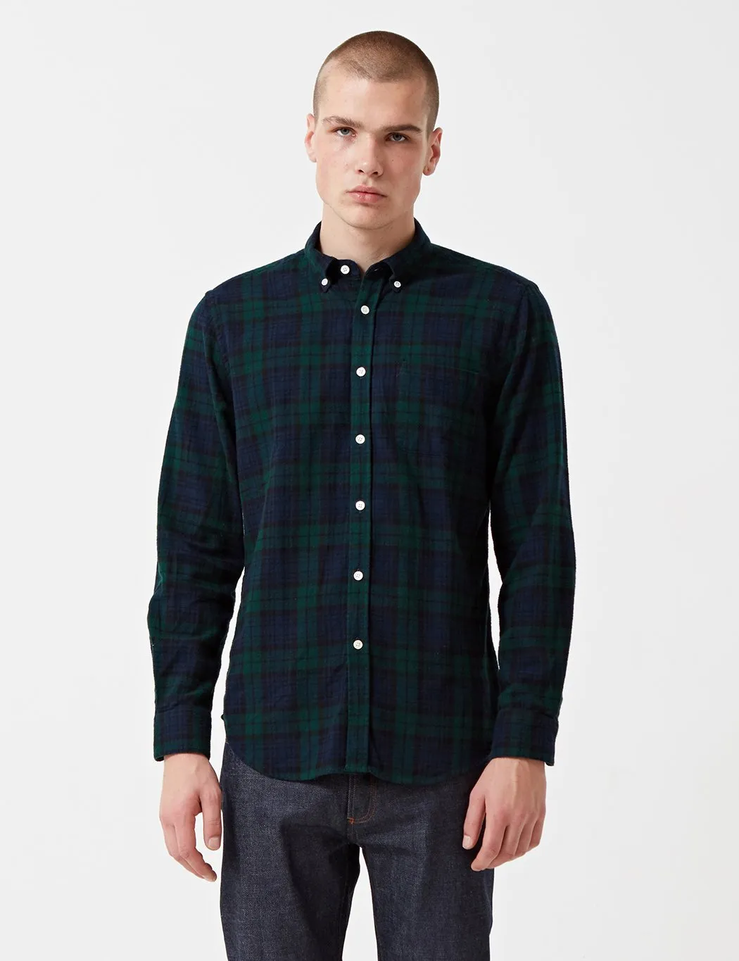 Portuguese Flannel Bonfim Checked Shirt (Flannel) - Navy Blue/Green