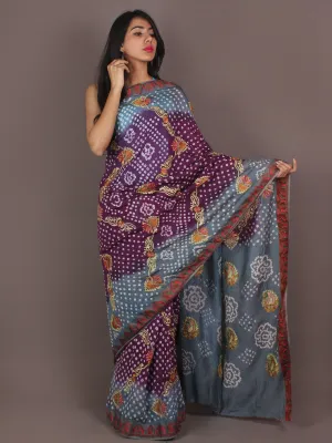 Purple Grey Ivory Hand Tie & Dye Bandhej Gadwal Silk Saree With Embroidery - S031701099