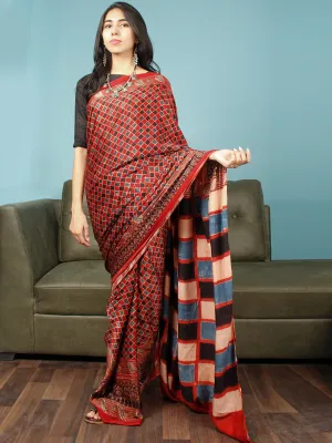 Red Indigo Ivory Black Ajrakh Hand Block Printed Modal Silk Saree in Natural Colors - S031703358