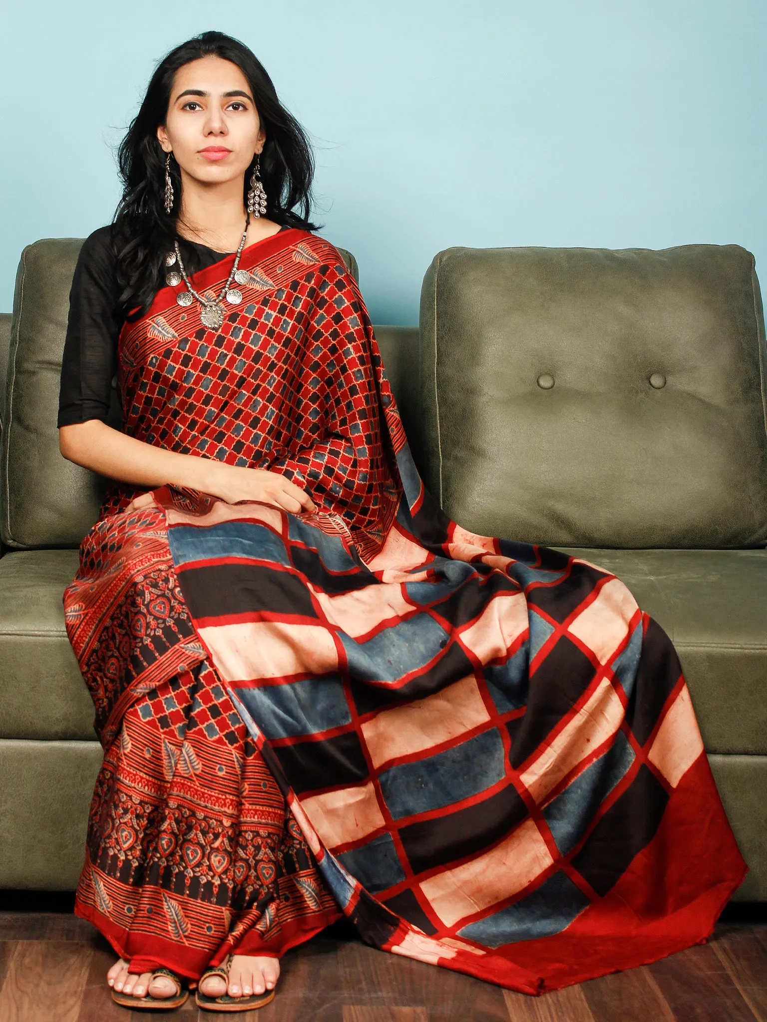 Red Indigo Ivory Black Ajrakh Hand Block Printed Modal Silk Saree in Natural Colors - S031703358