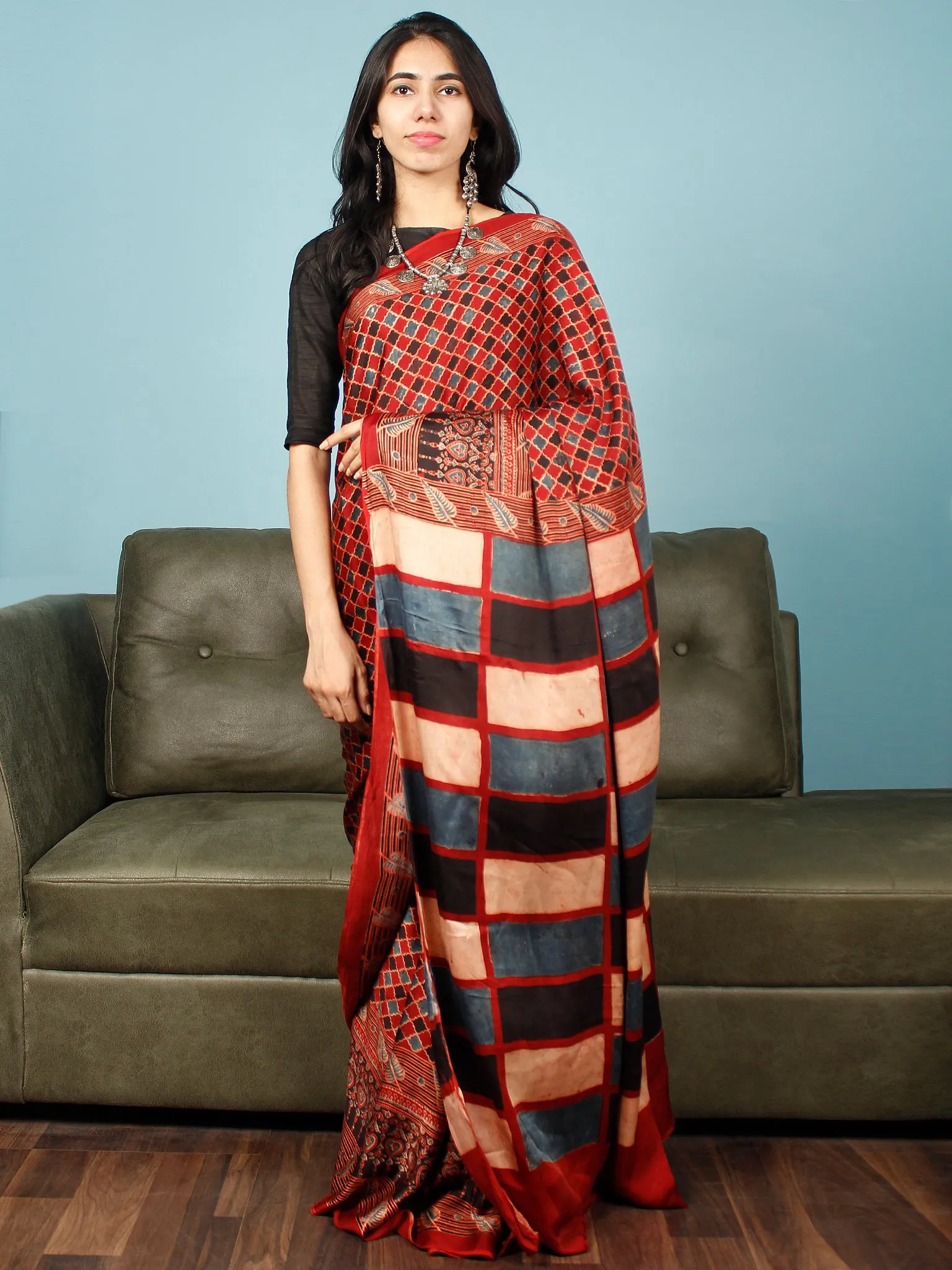 Red Indigo Ivory Black Ajrakh Hand Block Printed Modal Silk Saree in Natural Colors - S031703358