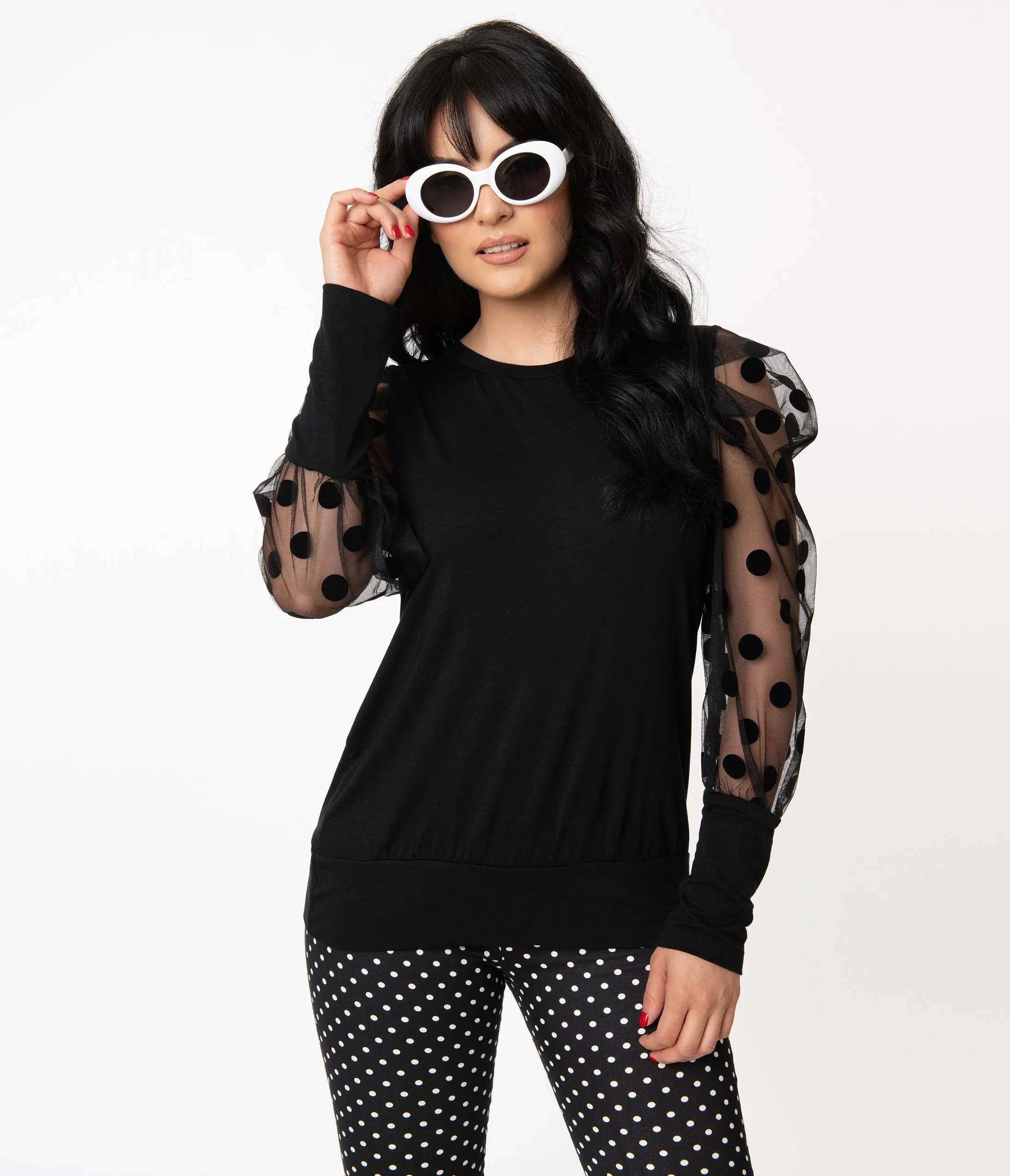 Retro Style Black & Sheer Swiss Dot Top