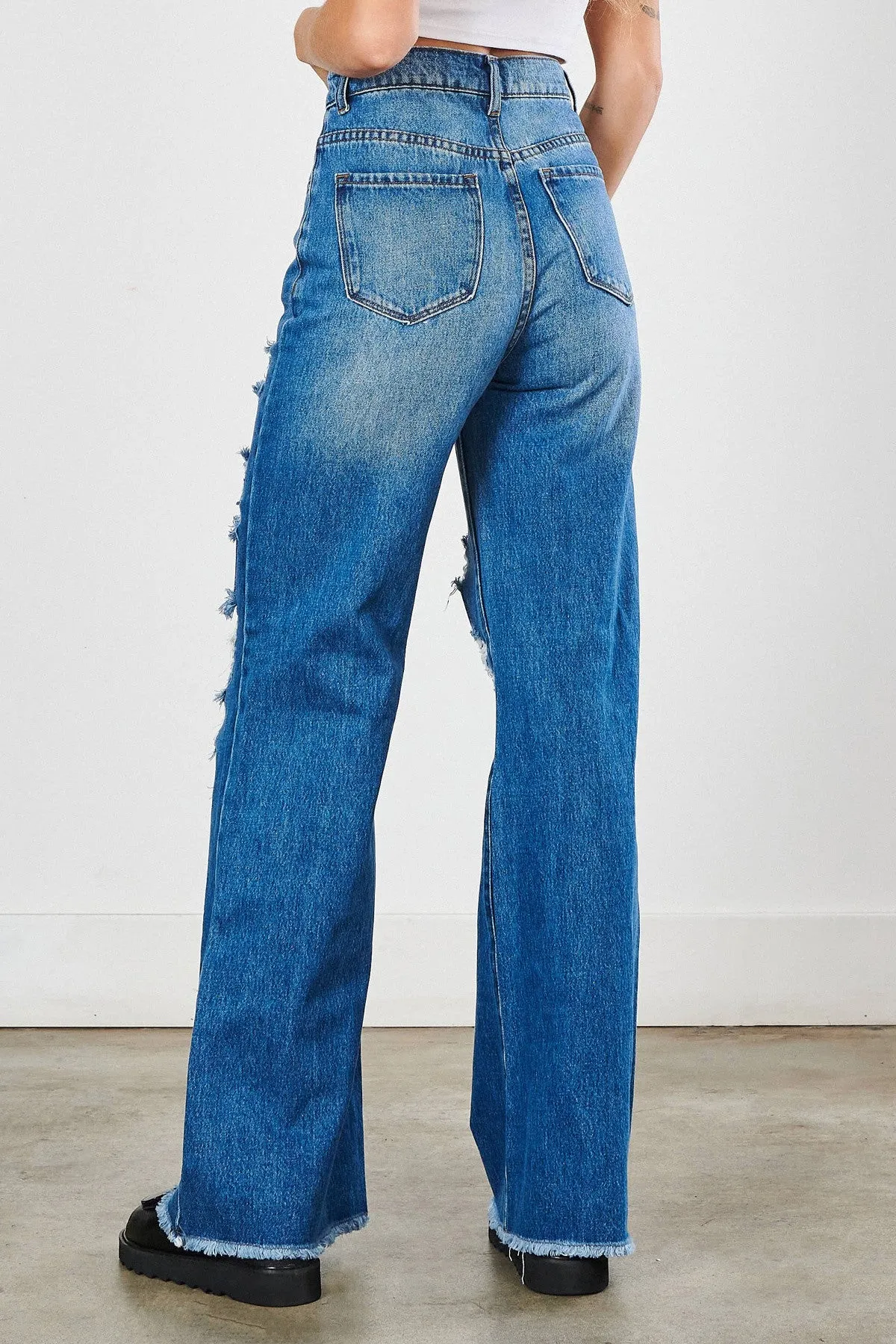 Ripped Hem Buttons Wide Leg Jeans