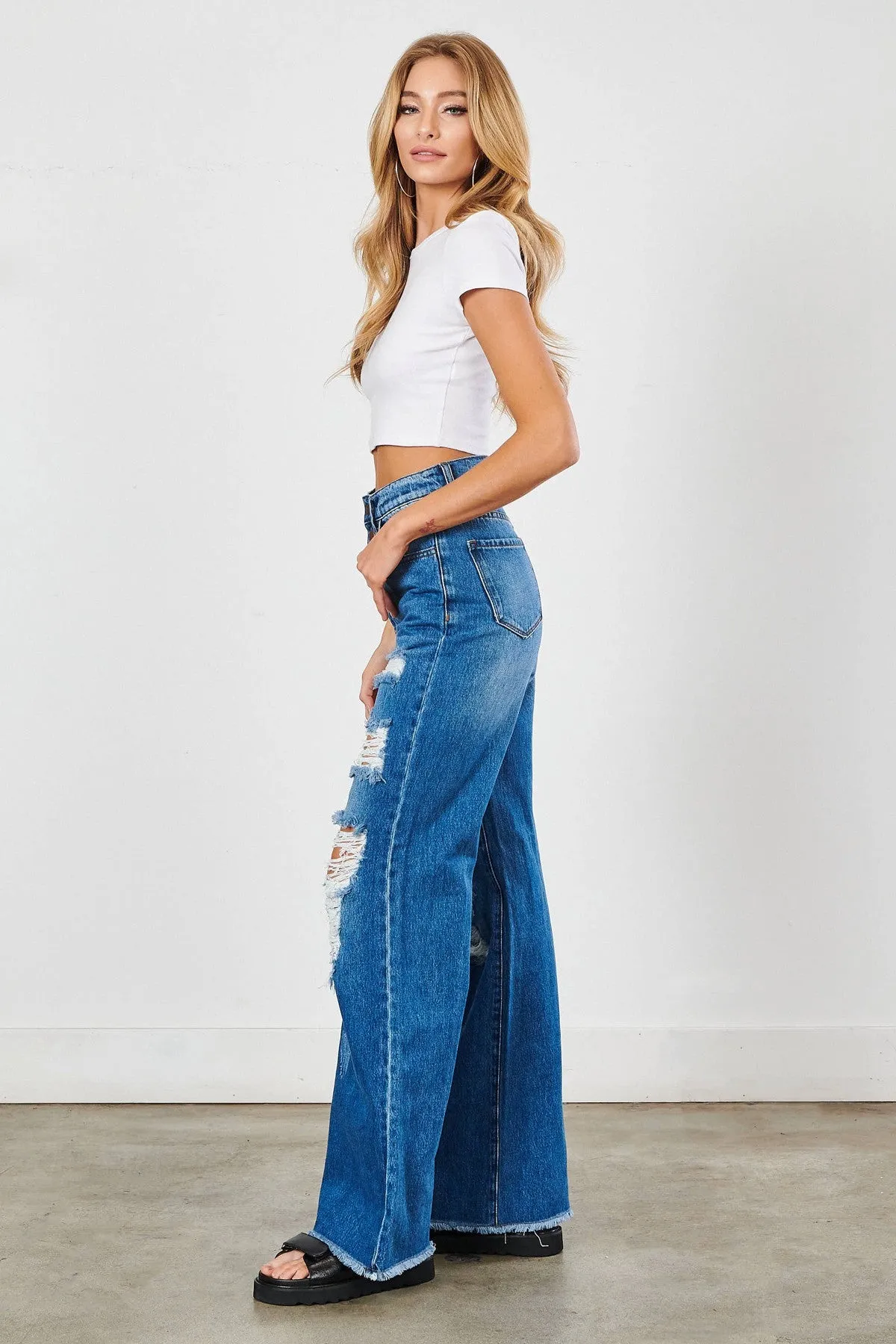 Ripped Hem Buttons Wide Leg Jeans