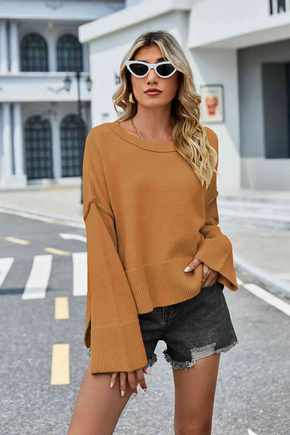 Round Neck Dropped Shoulder Slit Sweater