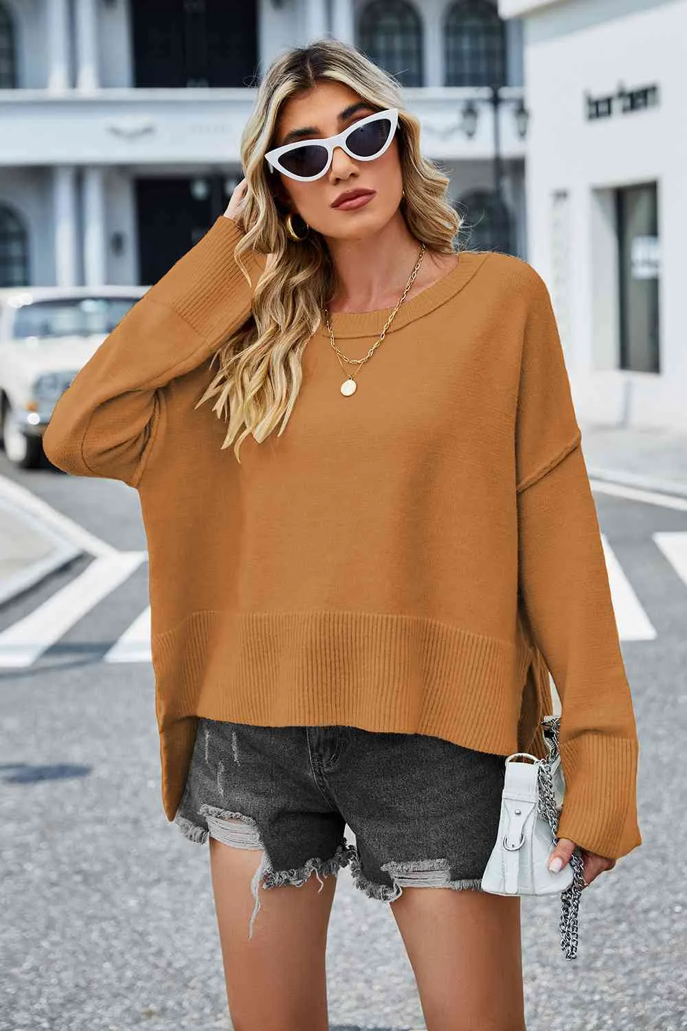 Round Neck Dropped Shoulder Slit Sweater