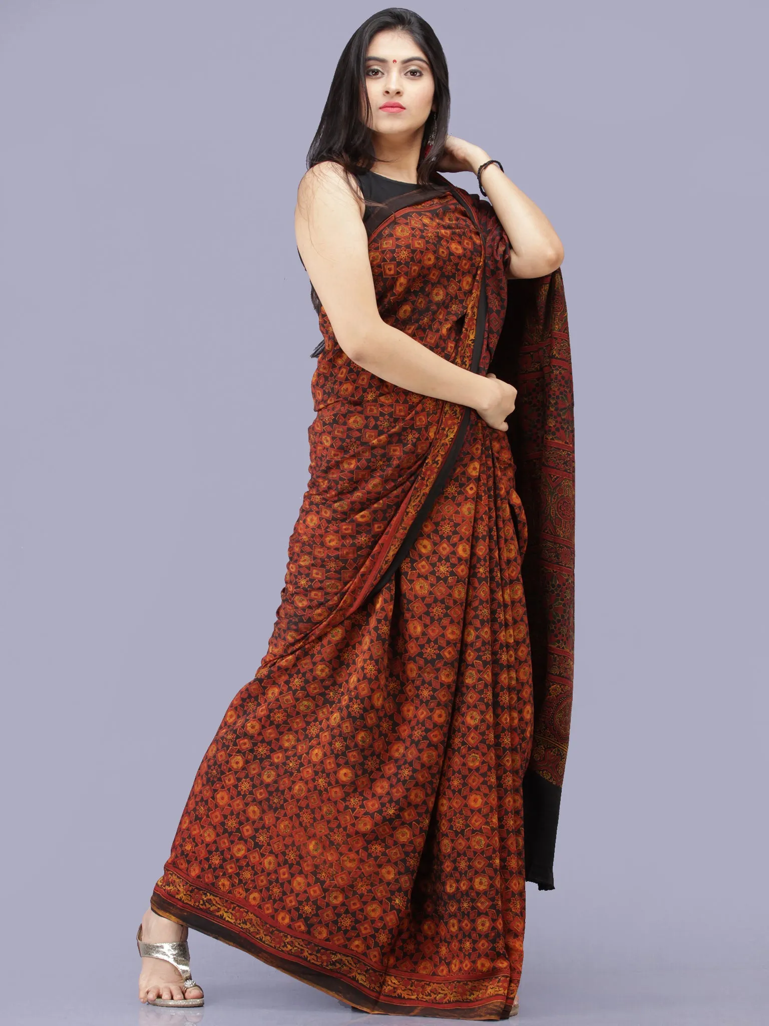 Rust Black Mustard Ajrakh Hand Block Printed Modal Silk Saree - S031704199