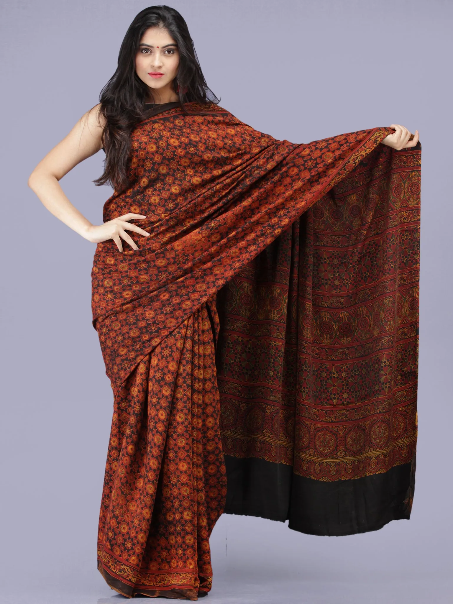 Rust Black Mustard Ajrakh Hand Block Printed Modal Silk Saree - S031704199