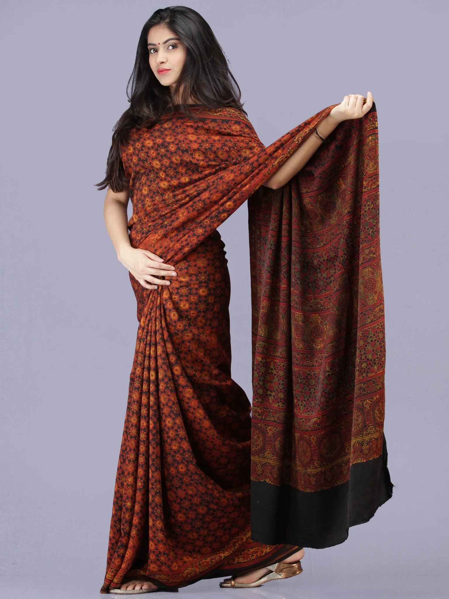 Rust Black Mustard Ajrakh Hand Block Printed Modal Silk Saree - S031704199