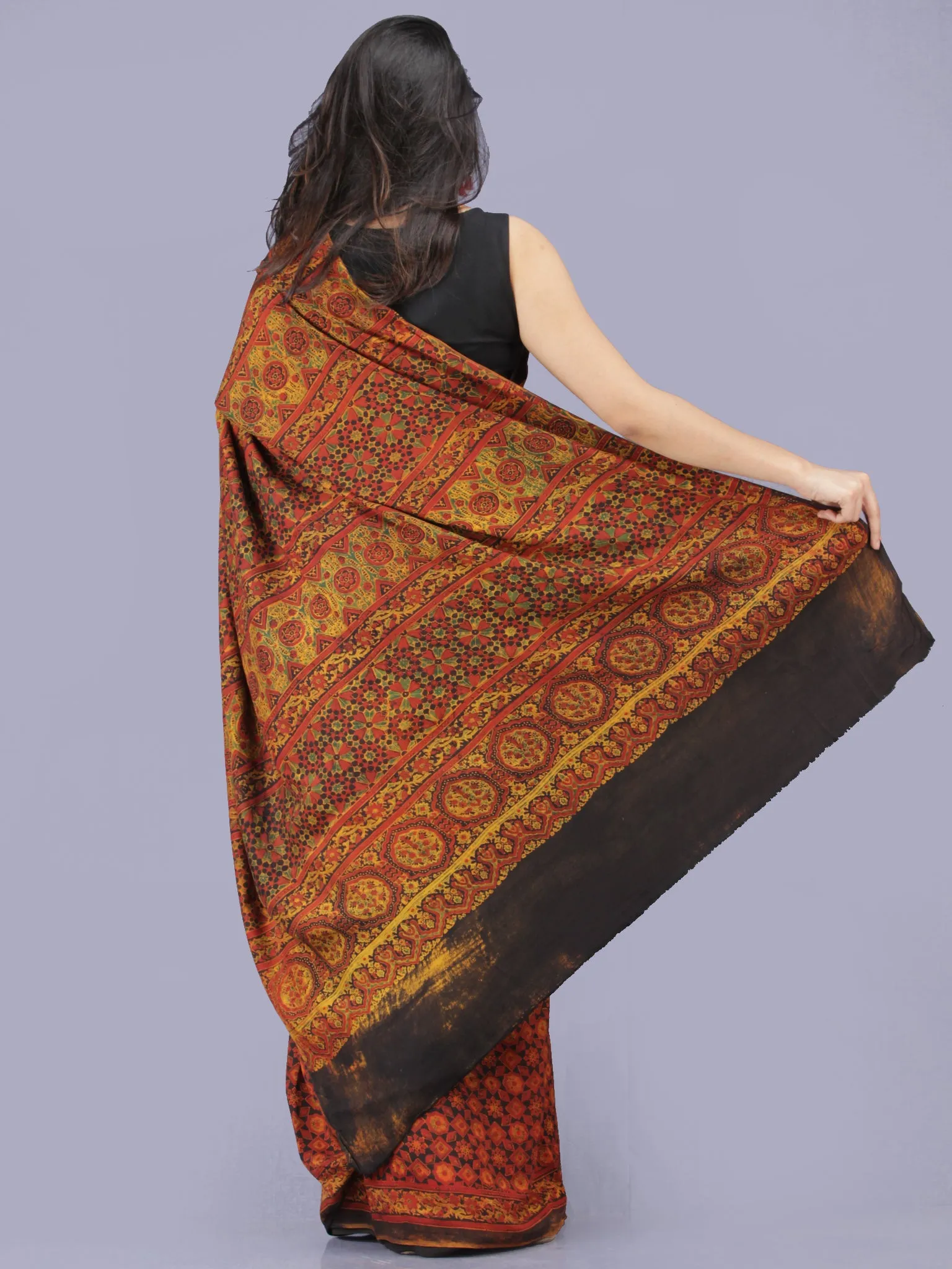 Rust Black Mustard Ajrakh Hand Block Printed Modal Silk Saree - S031704199