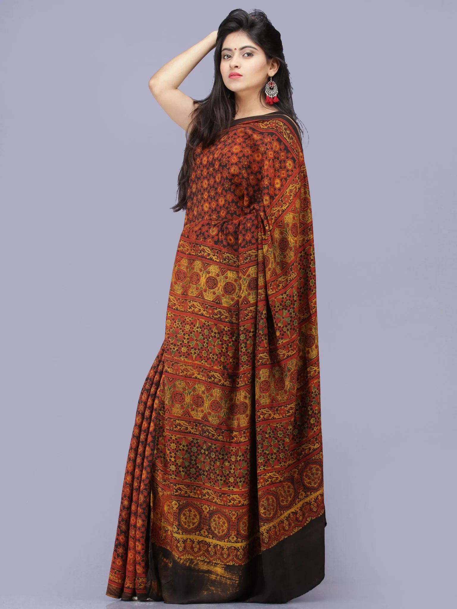 Rust Black Mustard Ajrakh Hand Block Printed Modal Silk Saree - S031704199