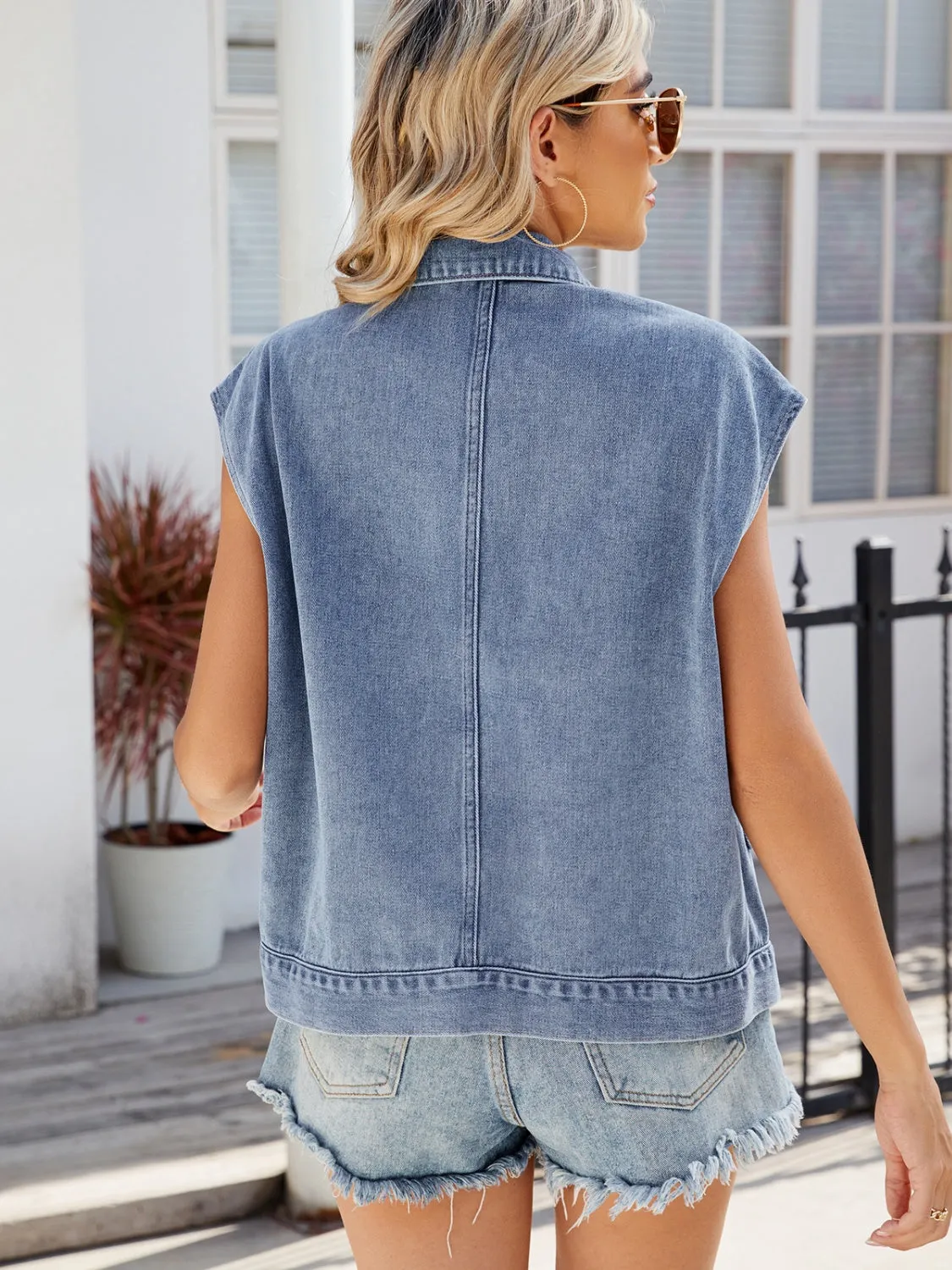 Sleeveless Denim Jacket Pocketed Button Up Jean Vest