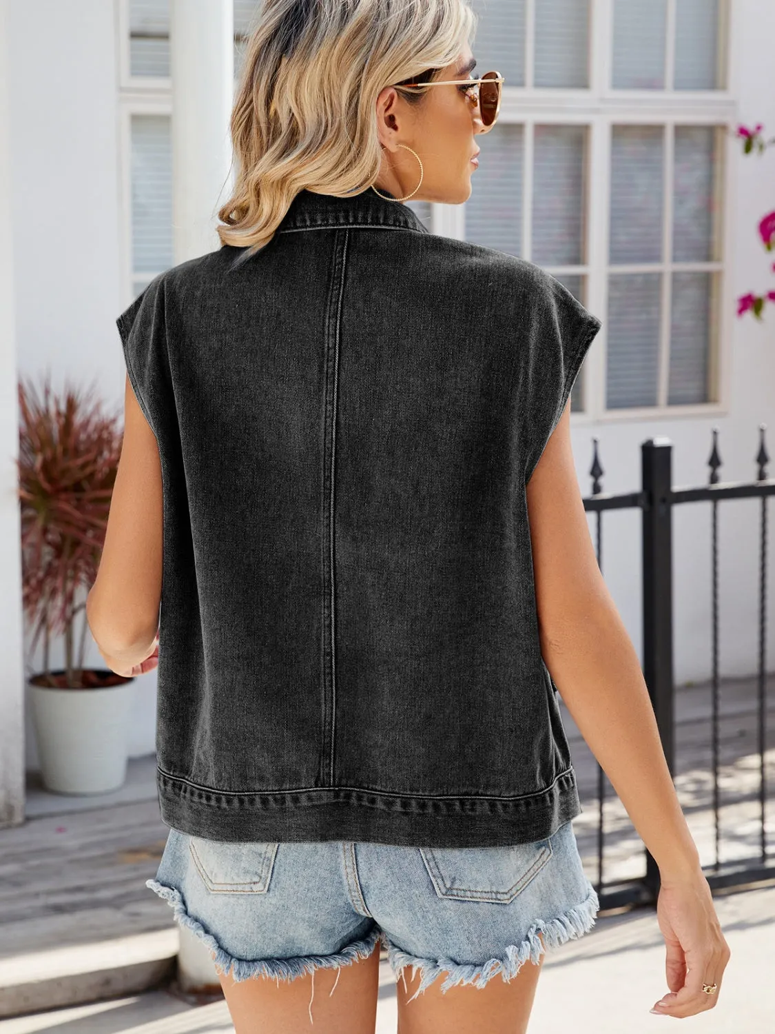 Sleeveless Denim Jacket Pocketed Button Up Jean Vest