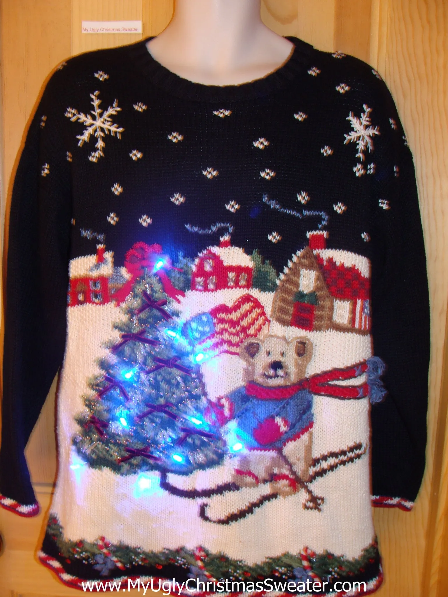 Tacky Light Up Christmas Sweater Skiing Bear Pullover