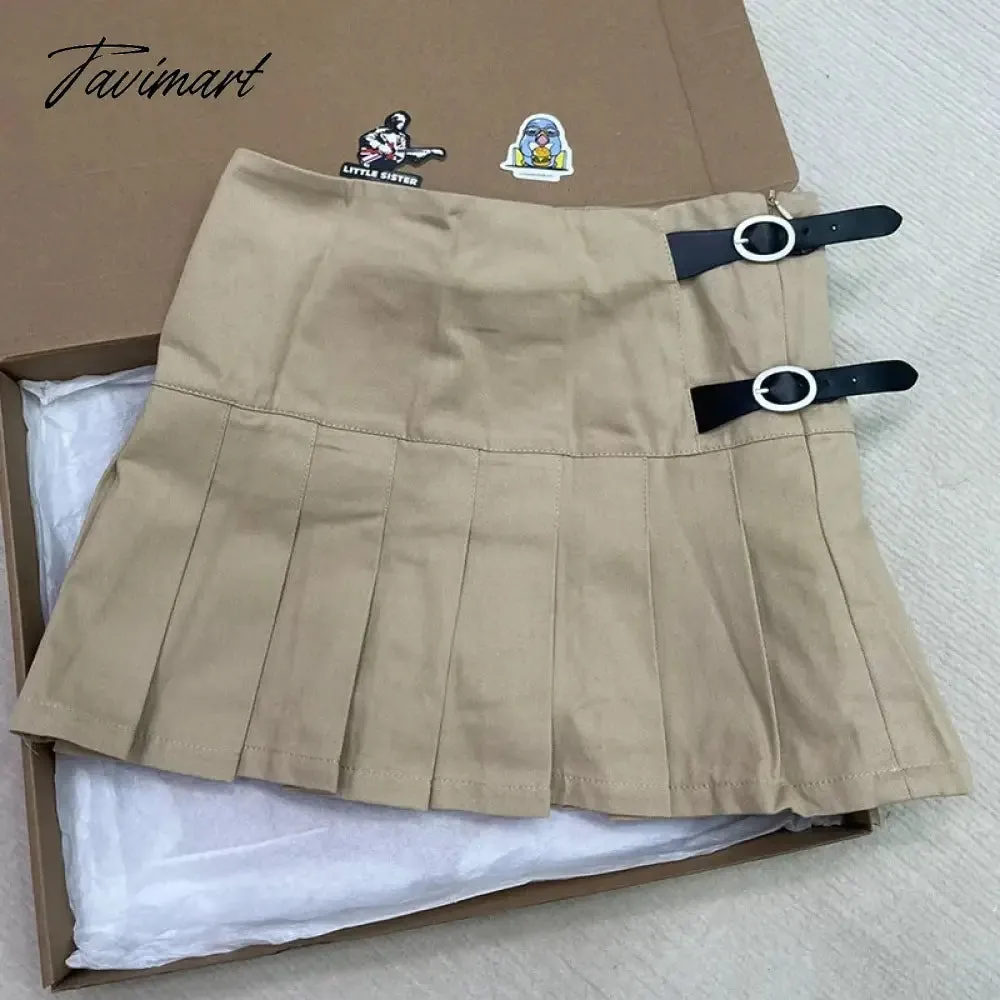 TAVIMART -  Vintage Khaki Buckle Pleated Skirt Women Summer Sexy Low Waist Aesthetic Fashion Faldas Female Streetwear Y2k Cotton Mini Skirts