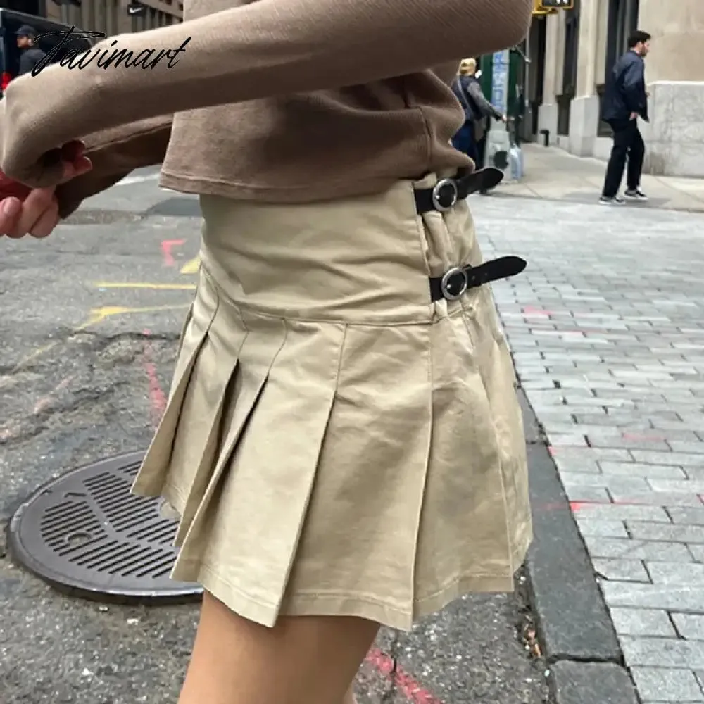 TAVIMART -  Vintage Khaki Buckle Pleated Skirt Women Summer Sexy Low Waist Aesthetic Fashion Faldas Female Streetwear Y2k Cotton Mini Skirts