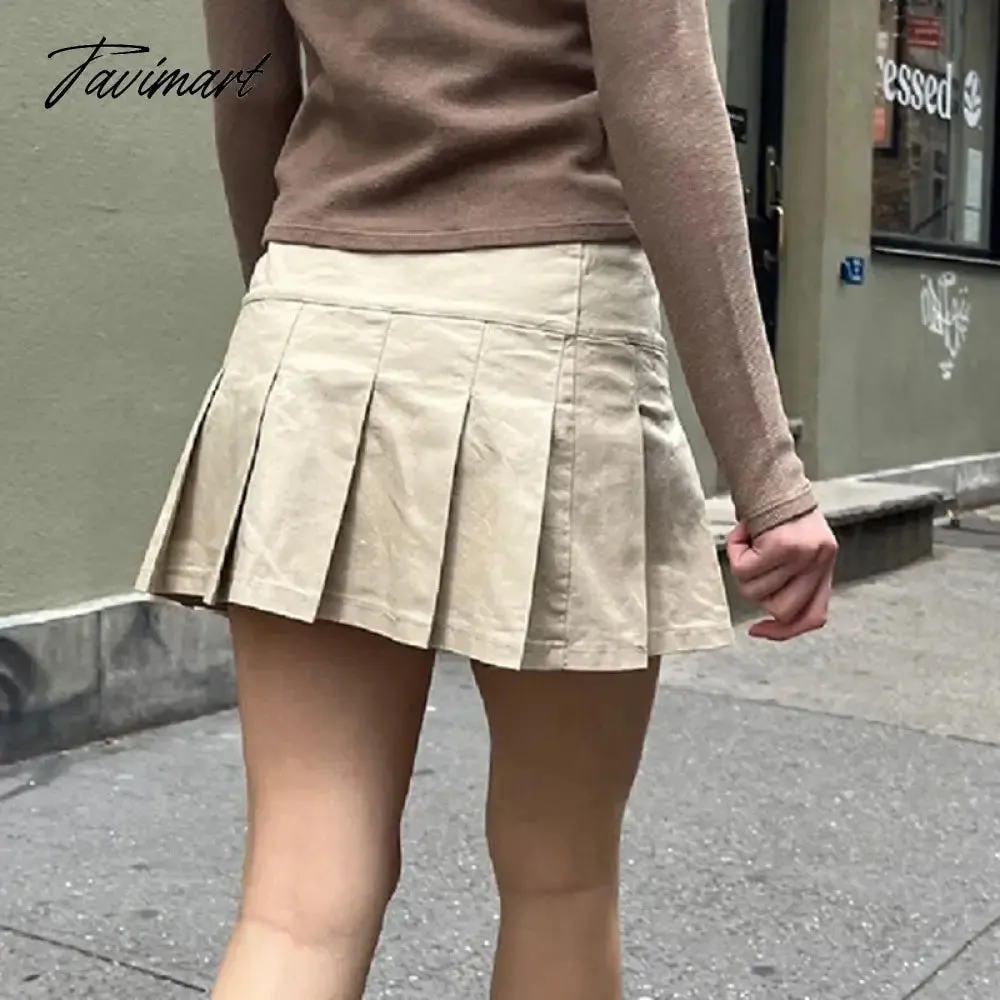 TAVIMART -  Vintage Khaki Buckle Pleated Skirt Women Summer Sexy Low Waist Aesthetic Fashion Faldas Female Streetwear Y2k Cotton Mini Skirts