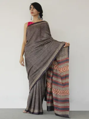 Tussar Handloom Silk Hand Block Printed Saree in Dark Purple Beige Maroon - S031702543