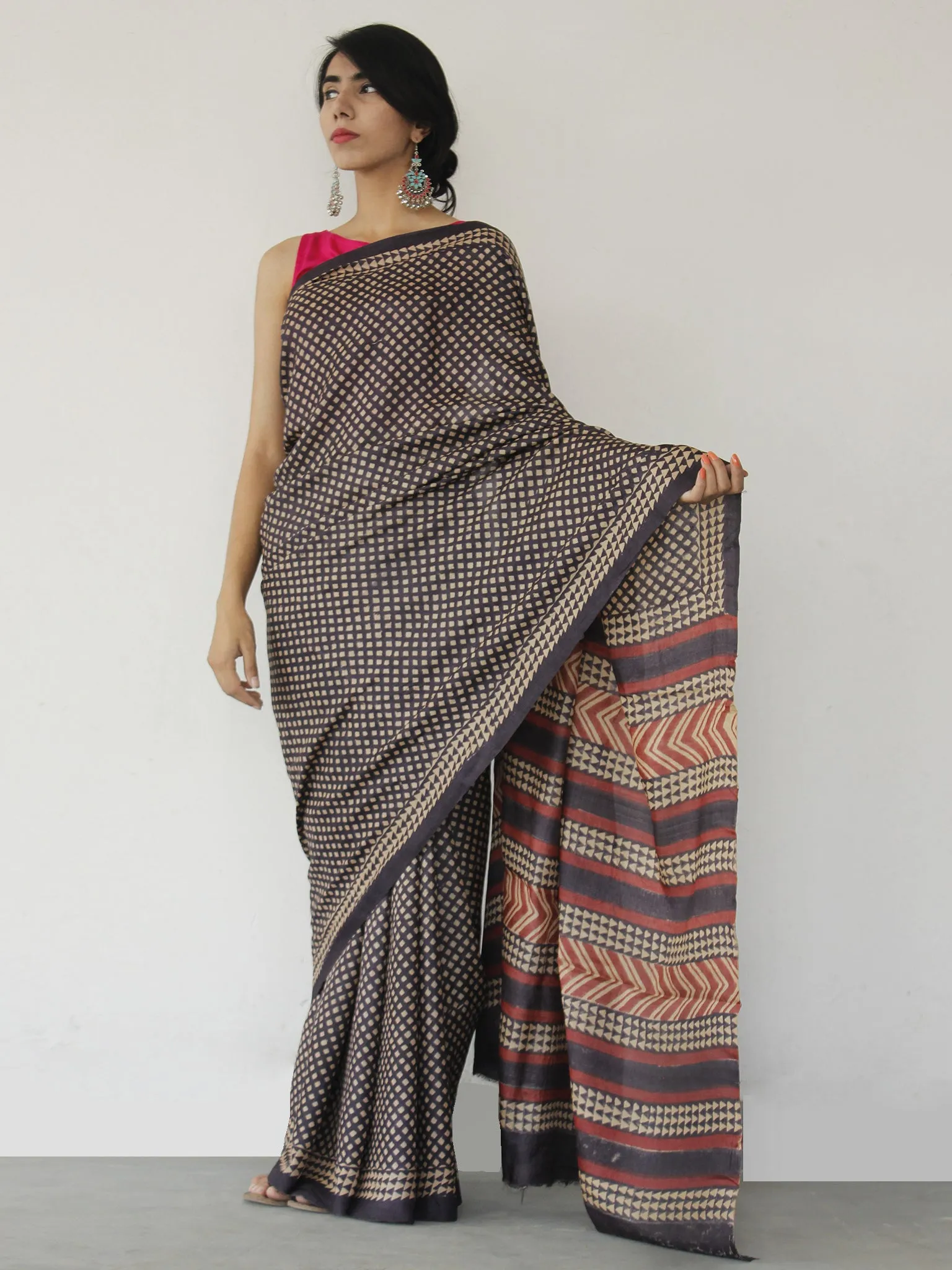 Tussar Handloom Silk Hand Block Printed Saree in Dark Purple Beige Maroon - S031702543