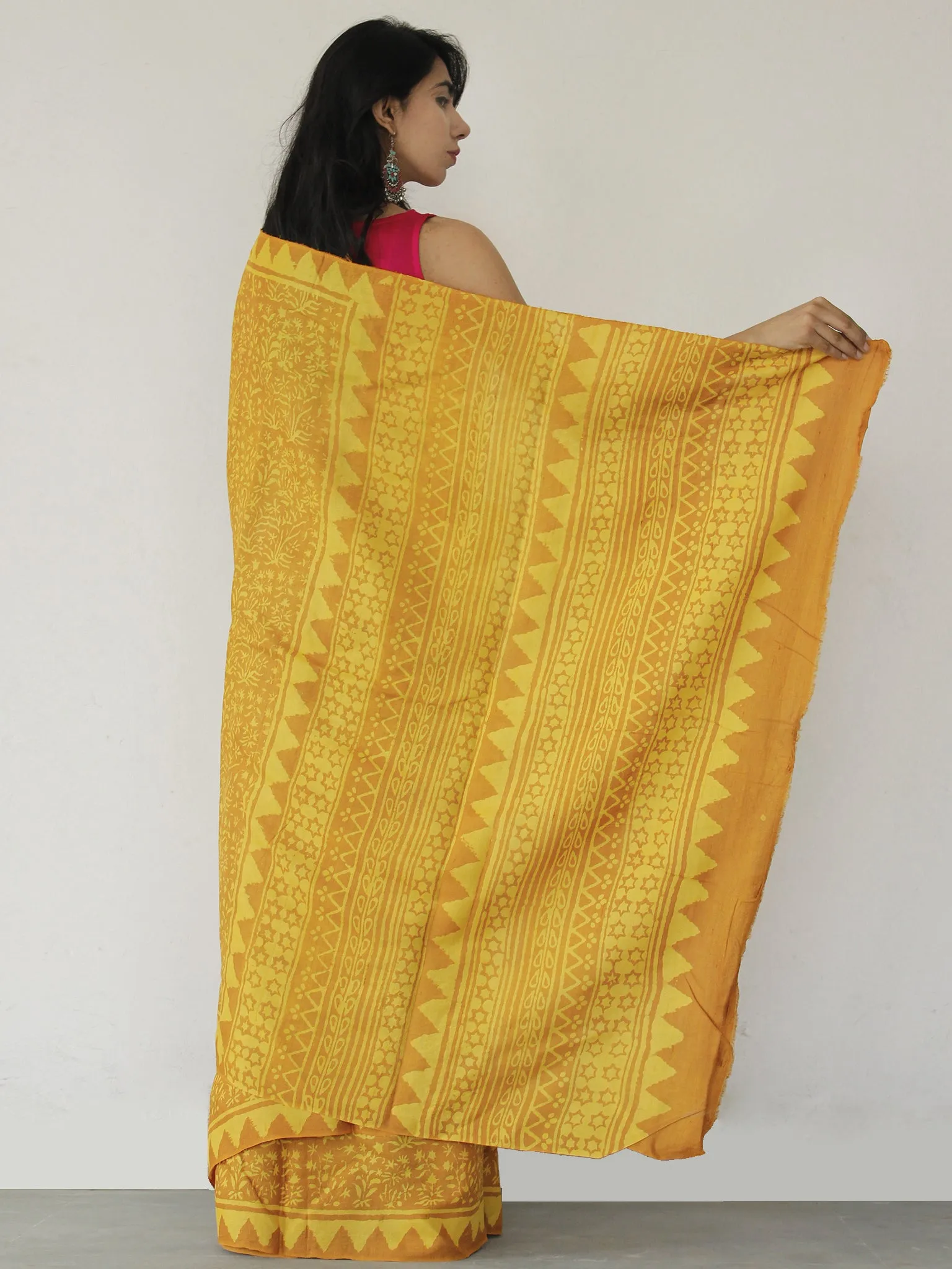 Tussar Handloom Silk Hand Block Printed Saree in Golden Yellow - S031702535